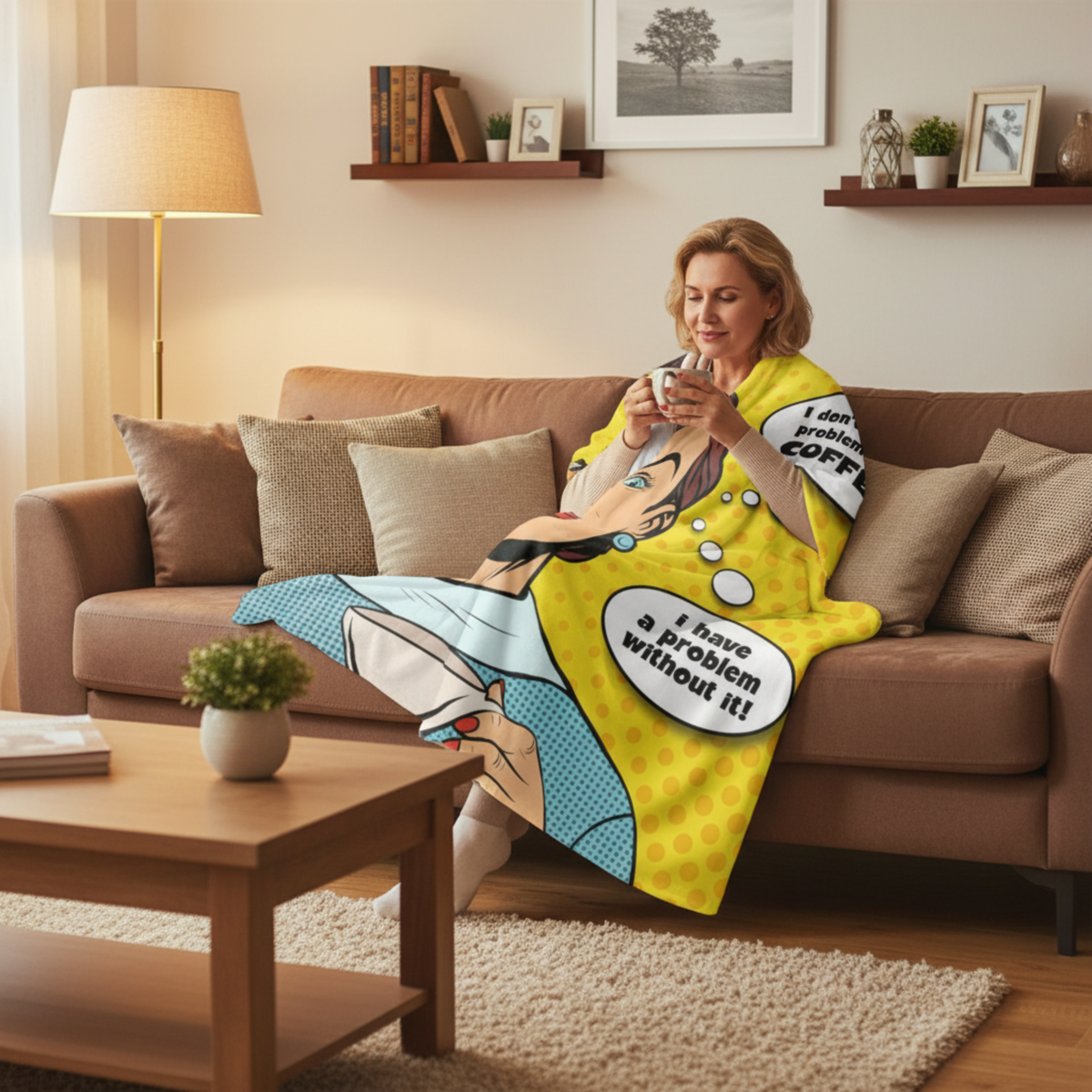 Coffee themed throw blanket with comic style graphics, perfect gift for coffee lovers