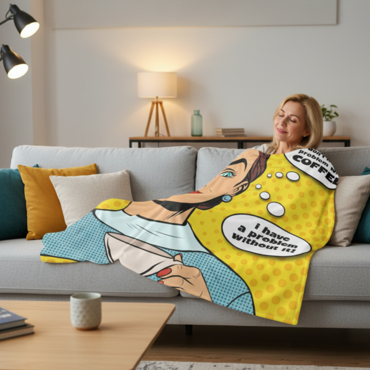Soft fleece coffee blanket throw with humorous Coffee Problem slogan and pop art design