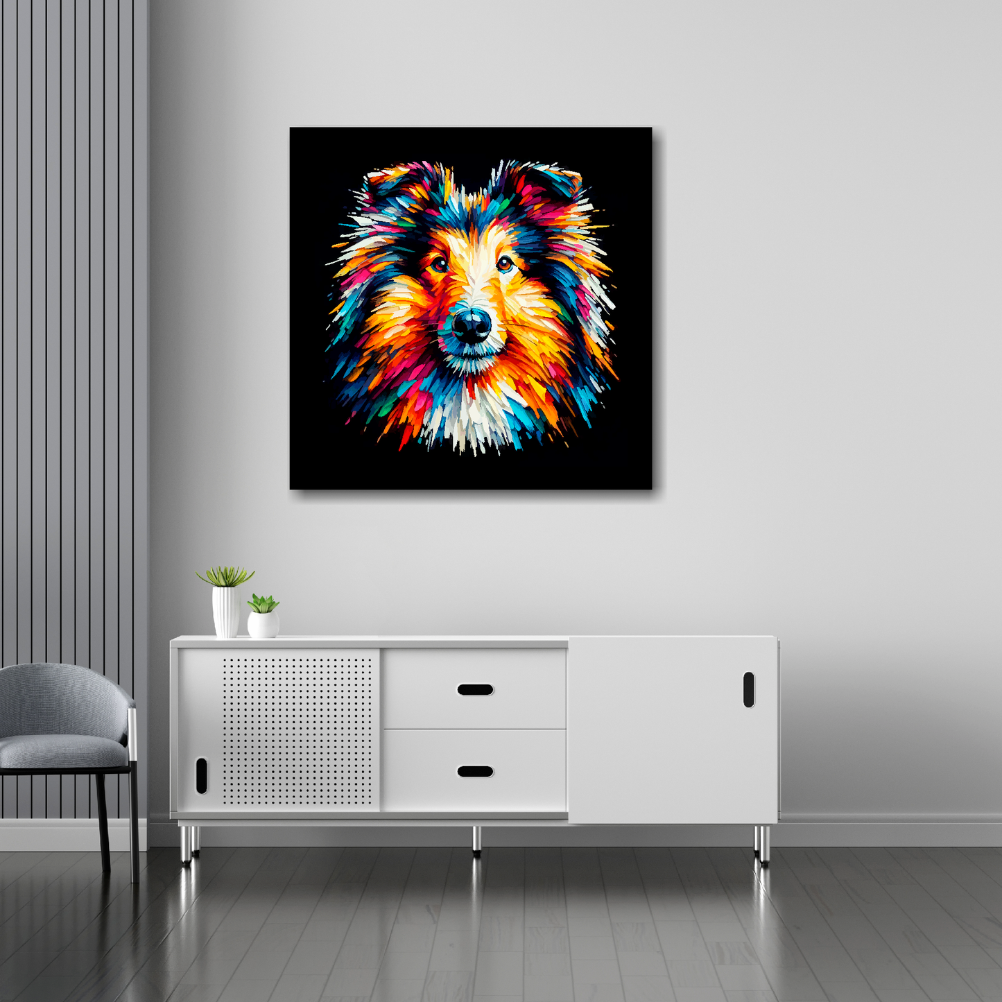 Rough Collie canvas 30x30 inches above sideboard - large dog portrait UK made