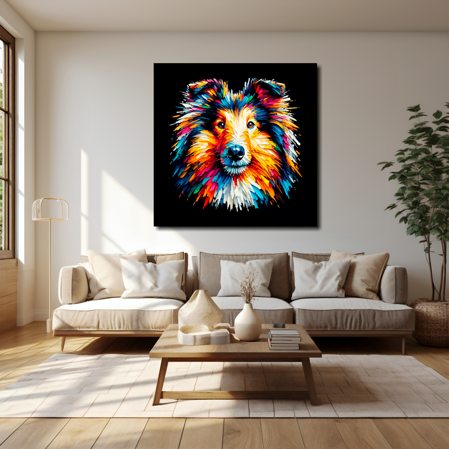 Rough Collie canvas 40x40 inches above cream sofa - XL dog wall art UK