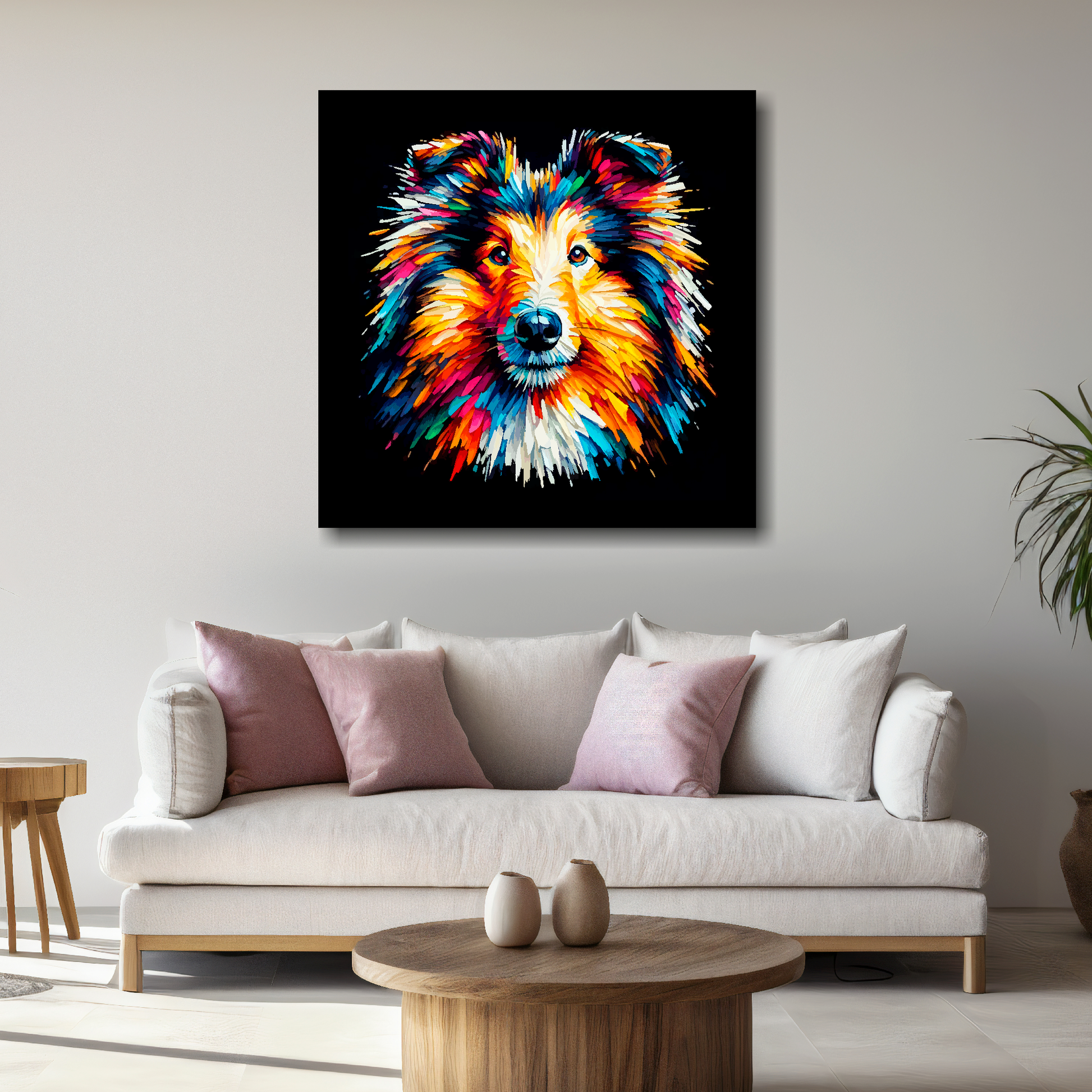 Large Rough Collie portrait canvas - colourful dog wall decor UK