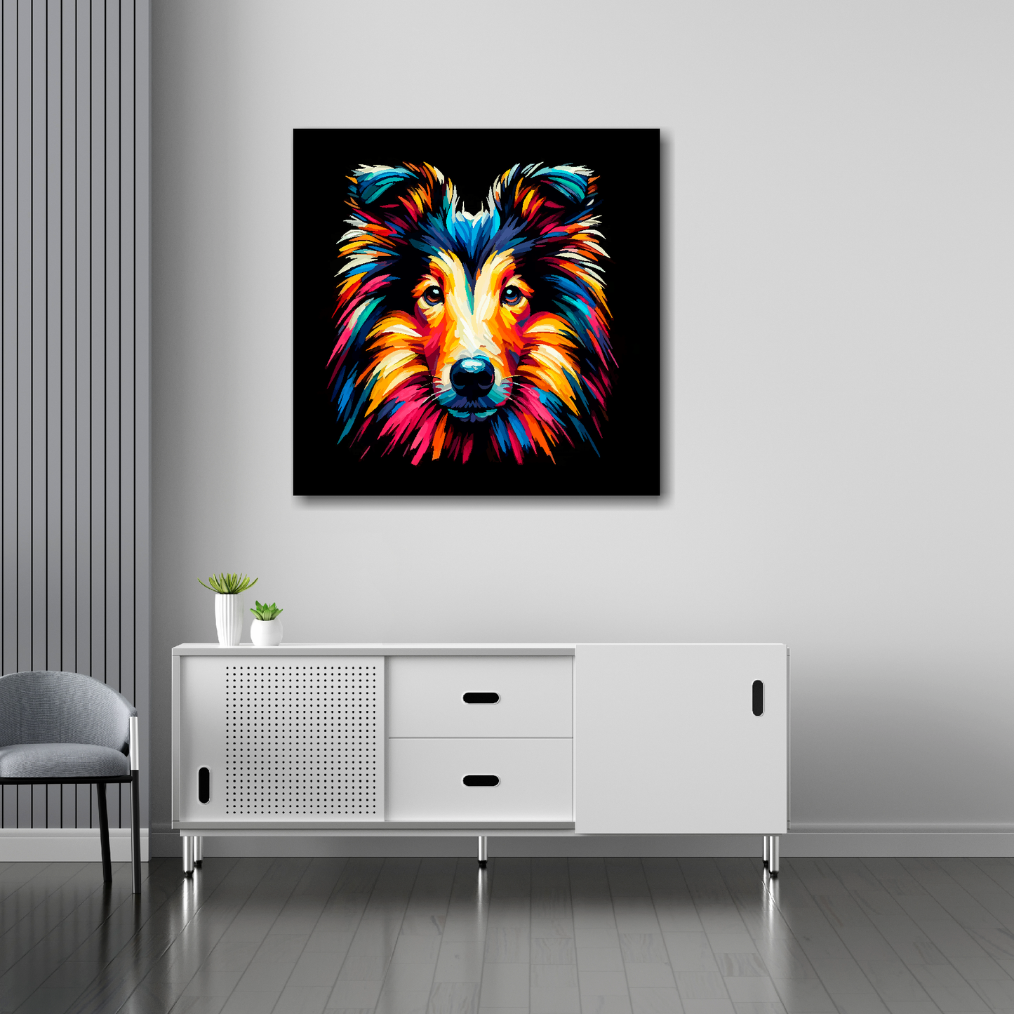 Smooth Collie canvas 30x30 inches above sideboard - large colourful dog portrait UK made