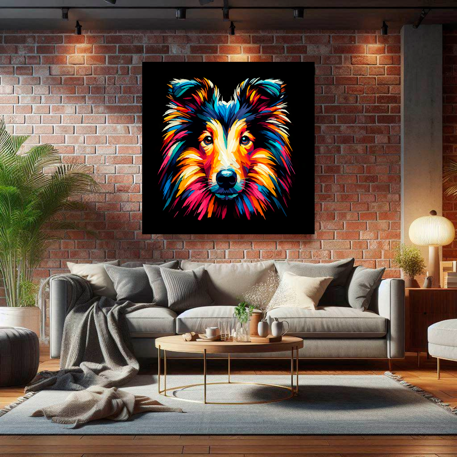 Large Smooth Collie canvas on brick wall above grey sofa - bold dog portrait UK living room