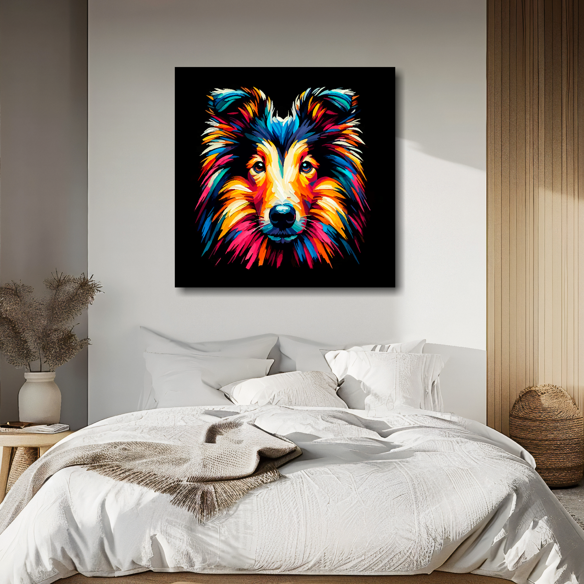 Smooth Collie portrait canvas above bed - colourful dog wall decor for UK bedrooms