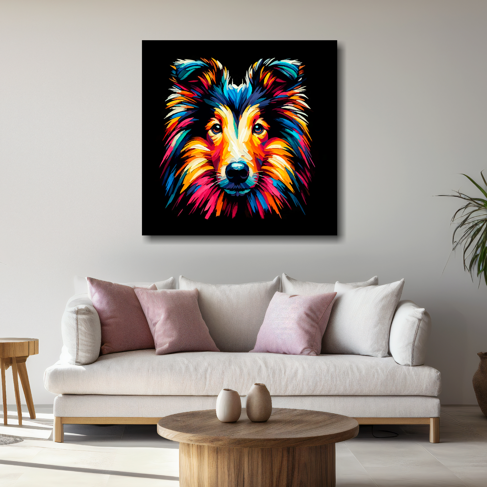Large Smooth Collie canvas above white sofa - vibrant abstract dog portrait wall art UK