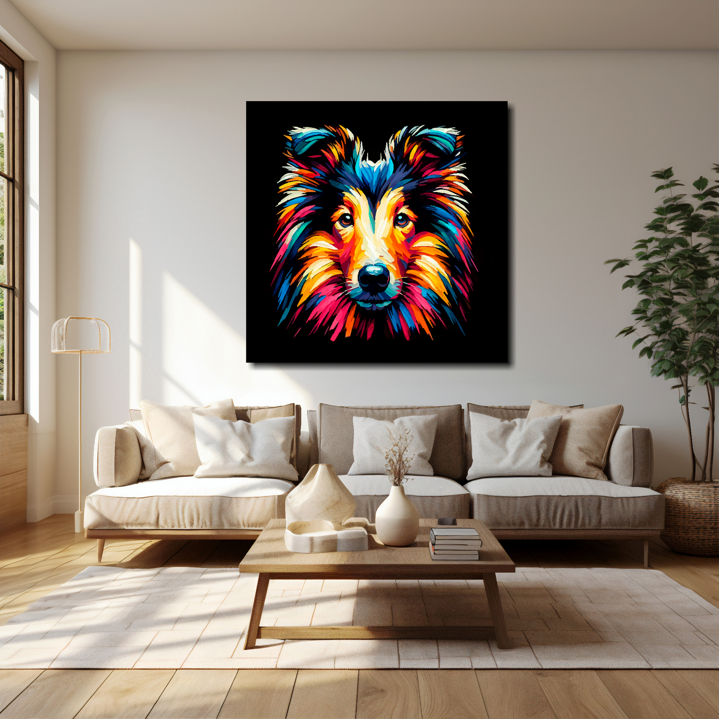 Smooth Collie canvas 40x40 inches above cream sofa - XL vibrant dog wall art UK