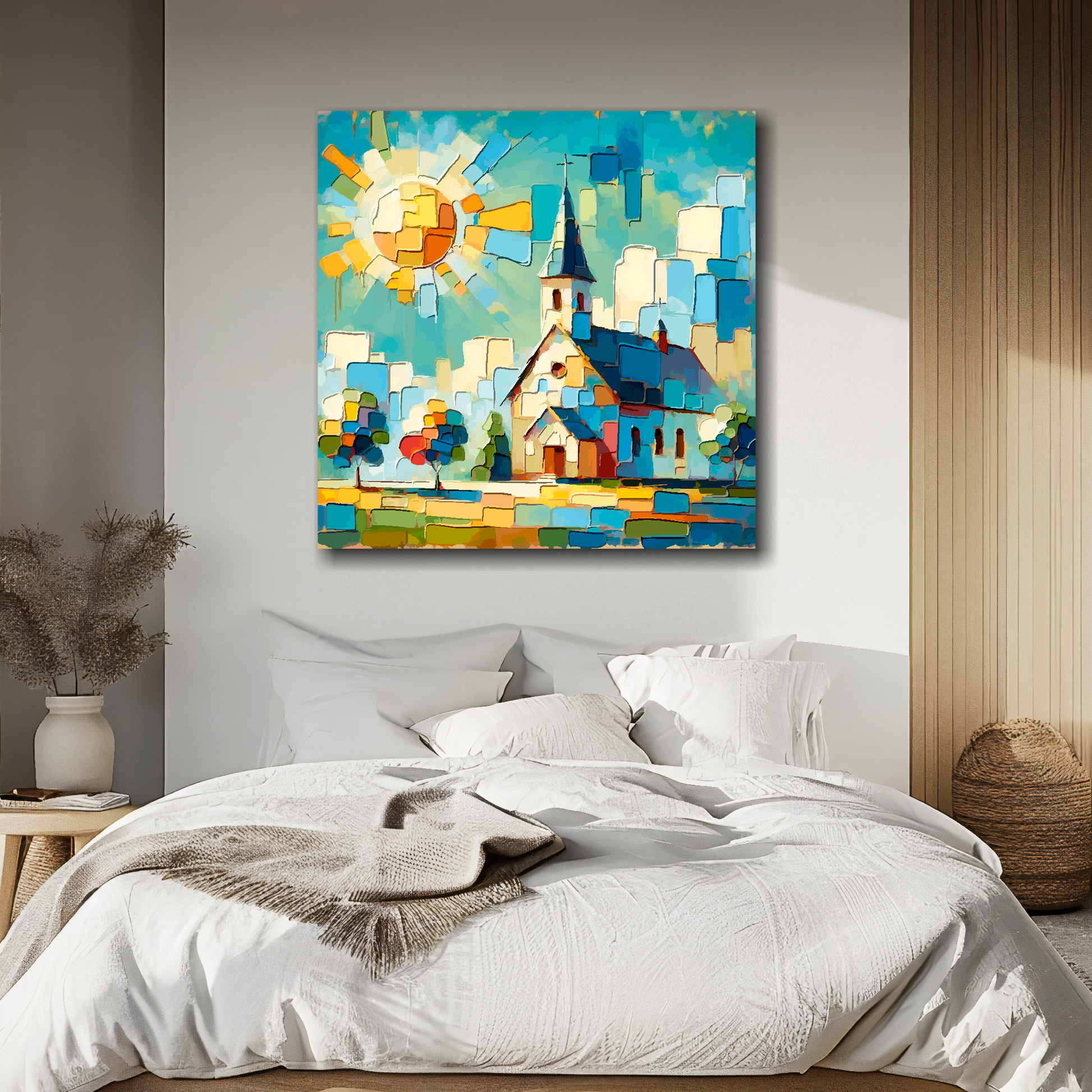 Colourful church canvas above bed - architectural wall decor for UK bedrooms