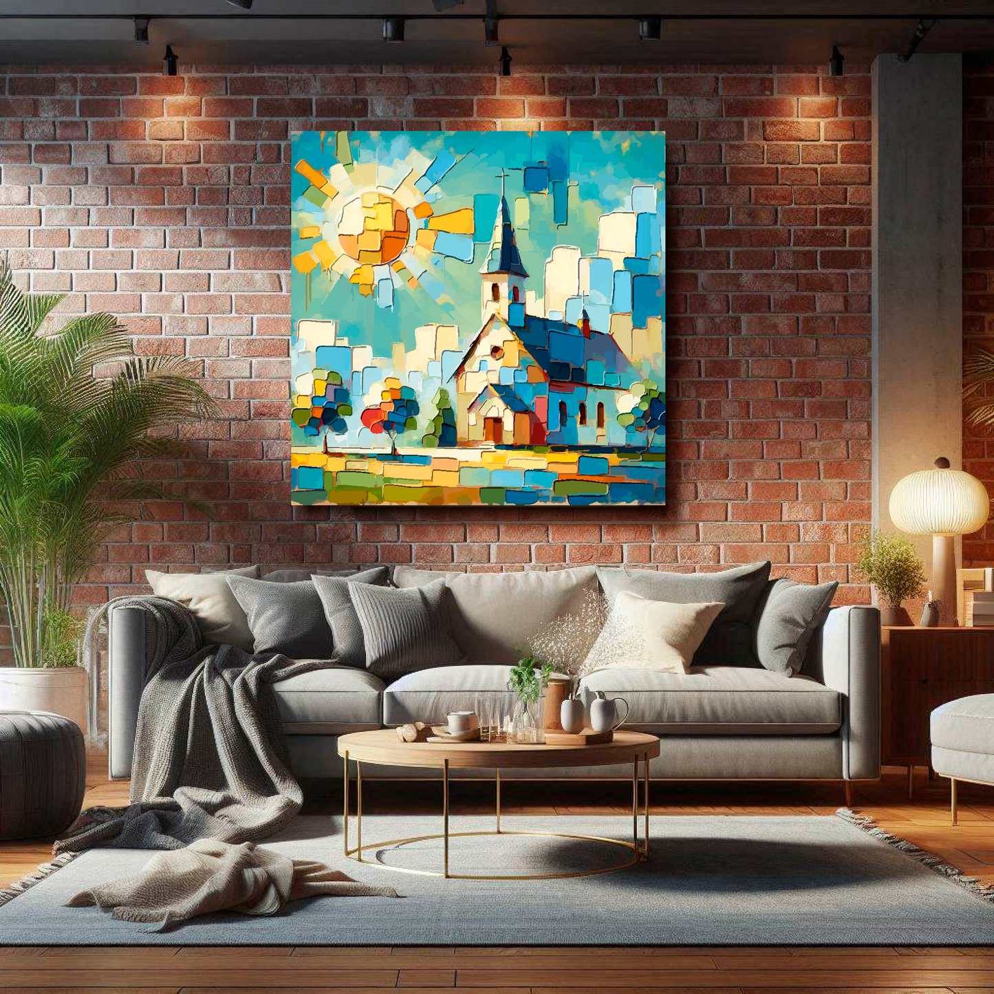 Large colourful church canvas on brick wall above grey sofa - bold architectural art UK living room