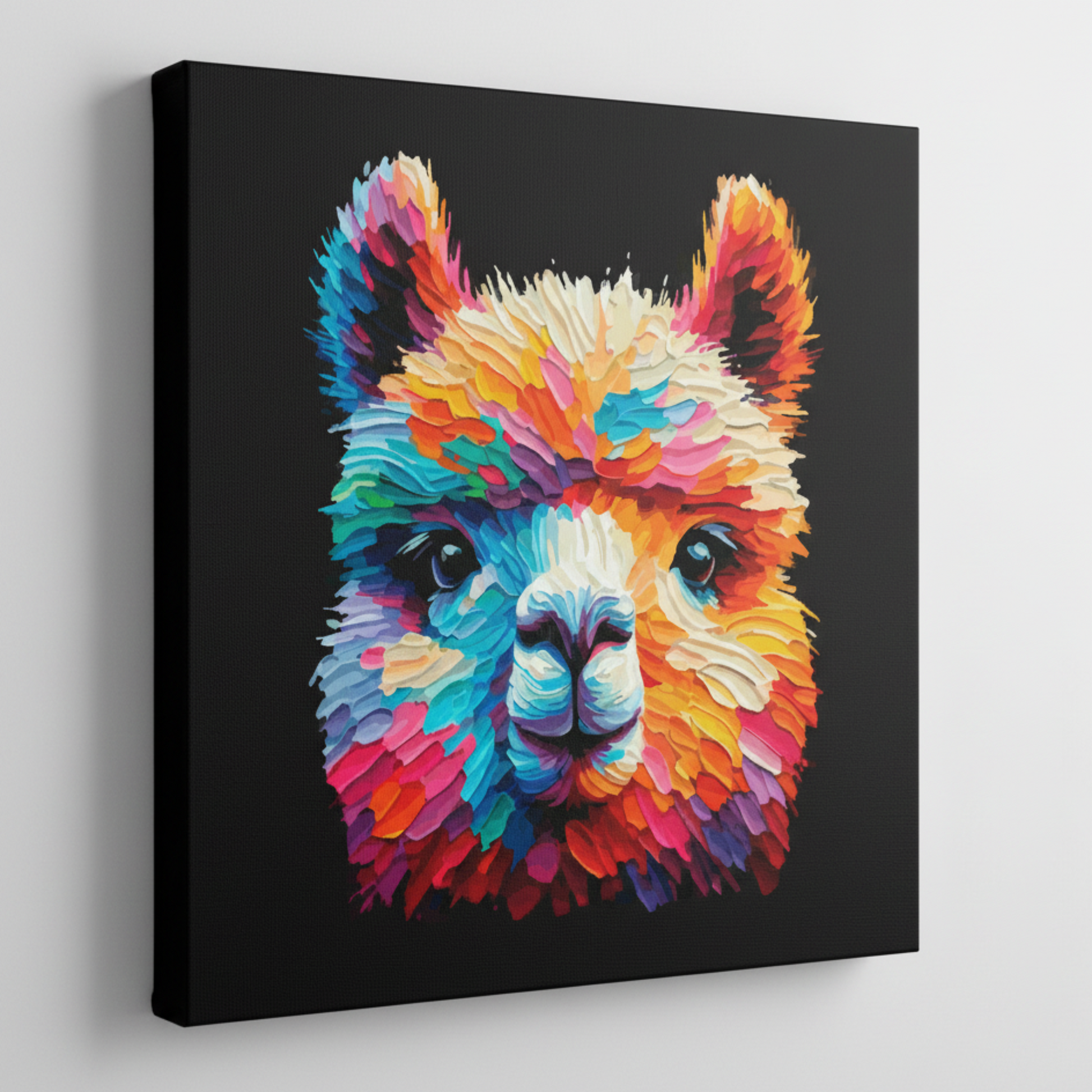 Colourful Alpaca farm animal portrait canvas print - UK made abstract wall art black background