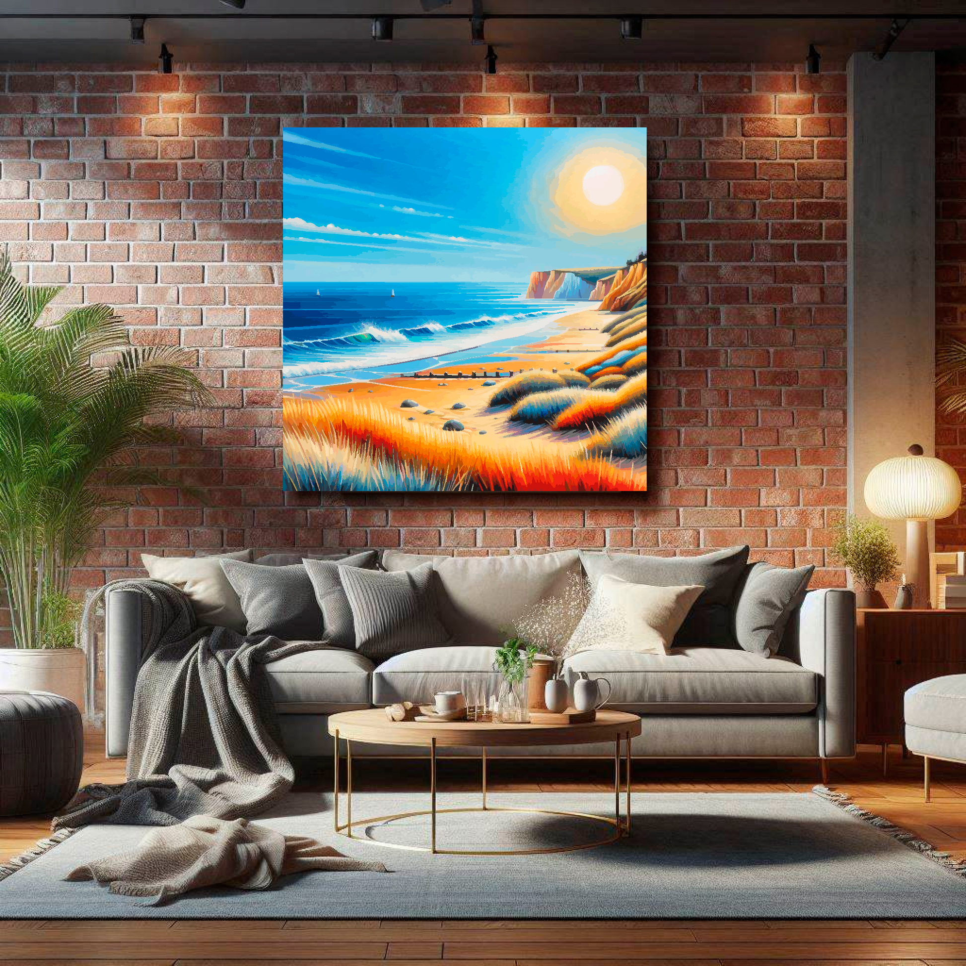 Large Norfolk beach canvas on brick wall above grey sofa - bold UK coastal art living room