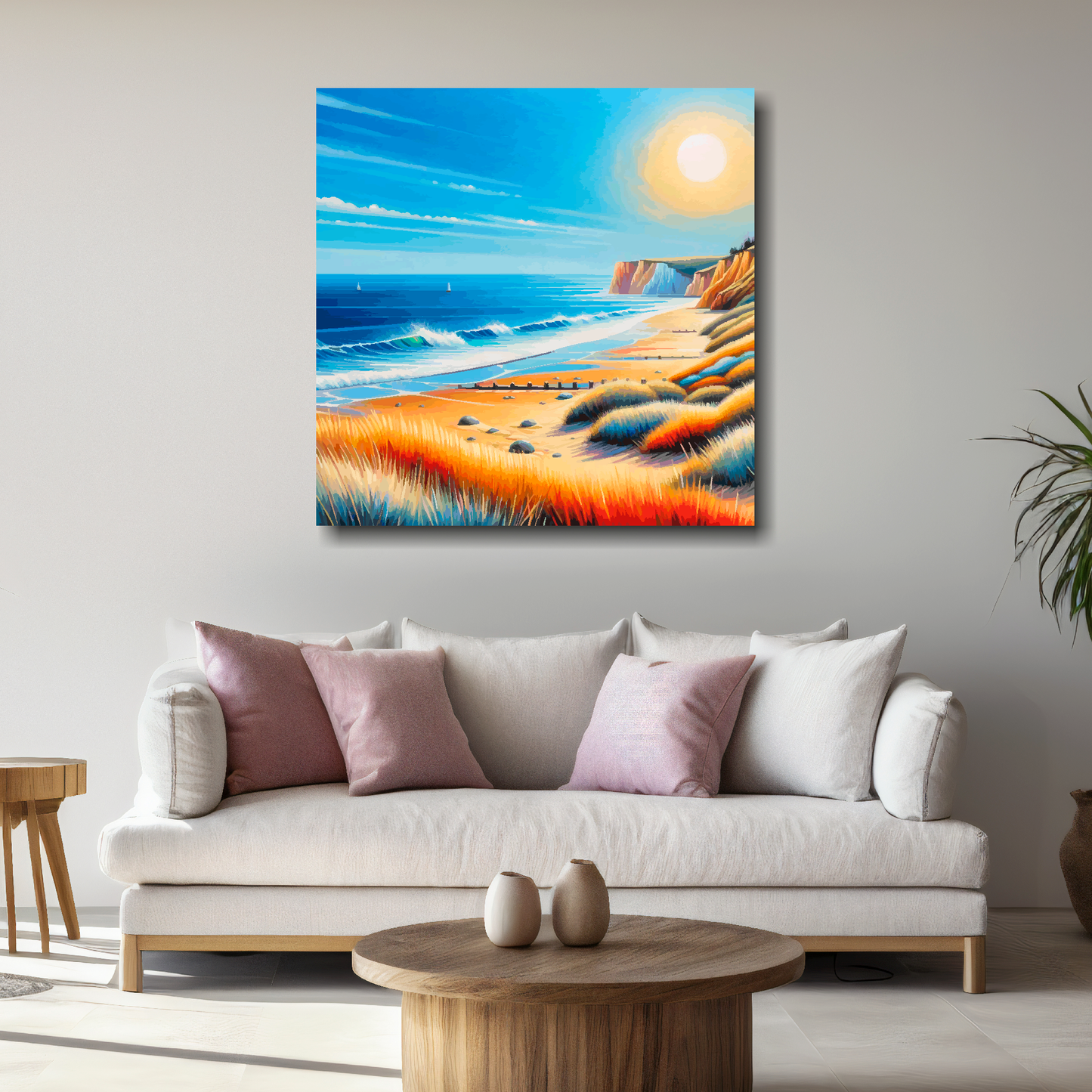 Large Norfolk beach canvas above white sofa - vibrant abstract UK coastal wall art
