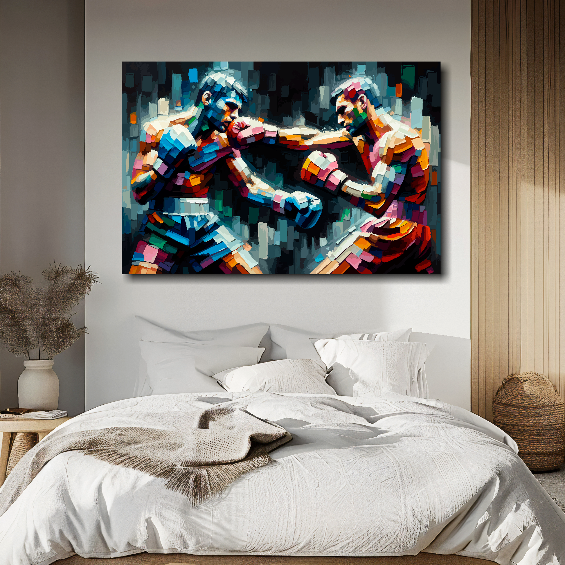 Clash of colour canvas above bed - colourful boxing wall decor for UK bedrooms