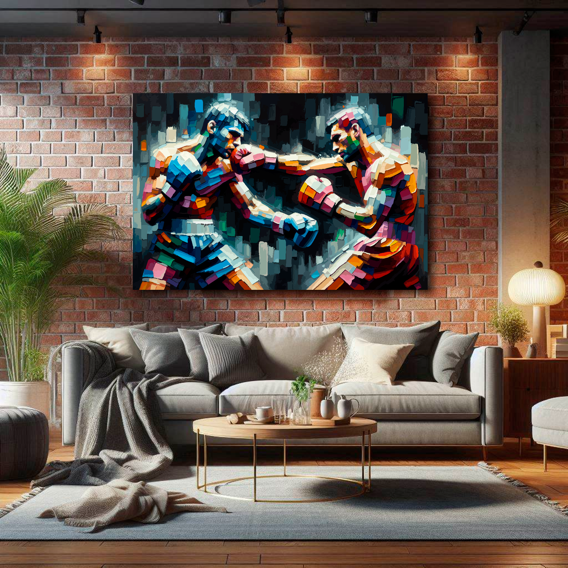 Large clash of colour canvas on brick wall above grey sofa - bold boxing art UK living room