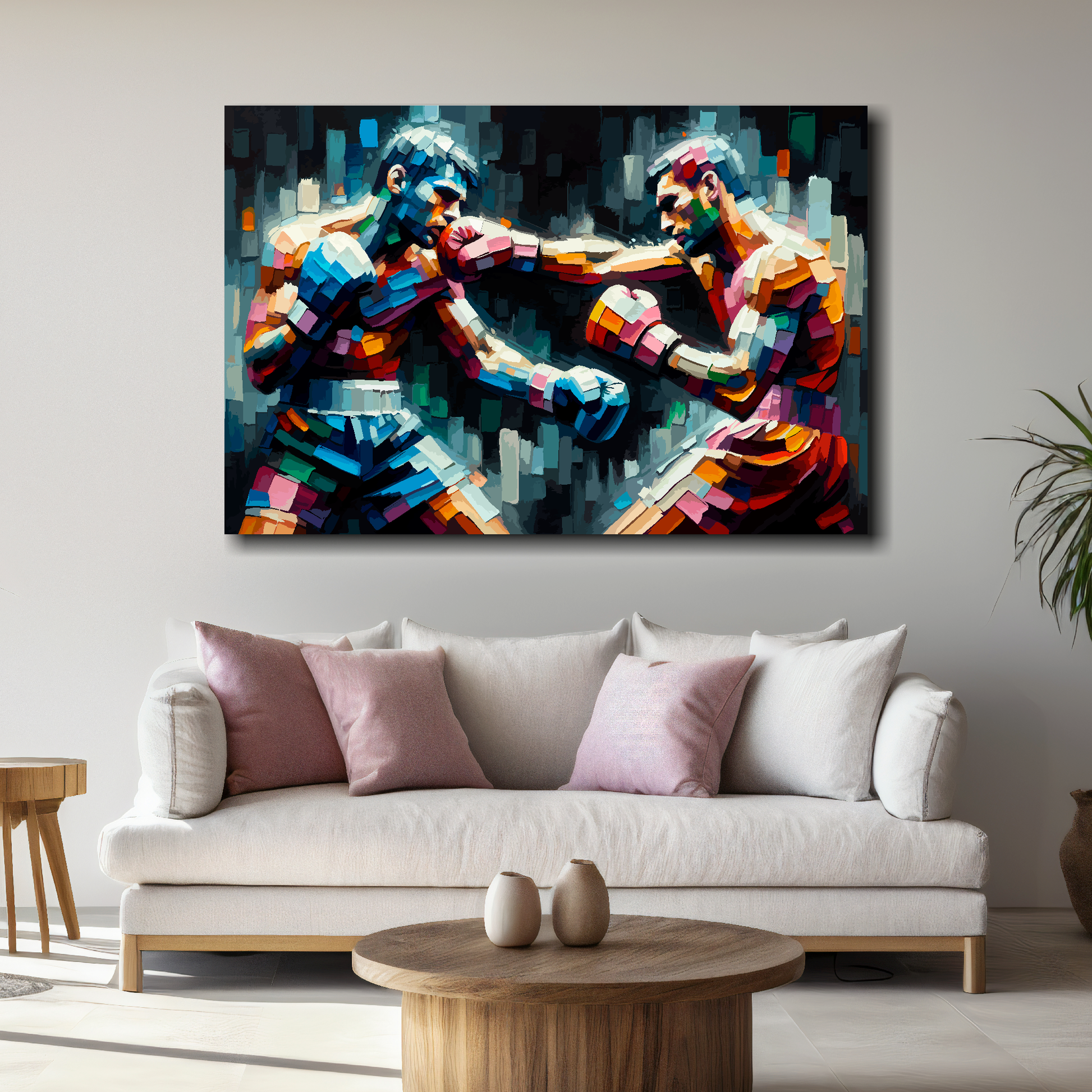 Large clash of colour canvas above white sofa - vibrant abstract boxing wall art UK