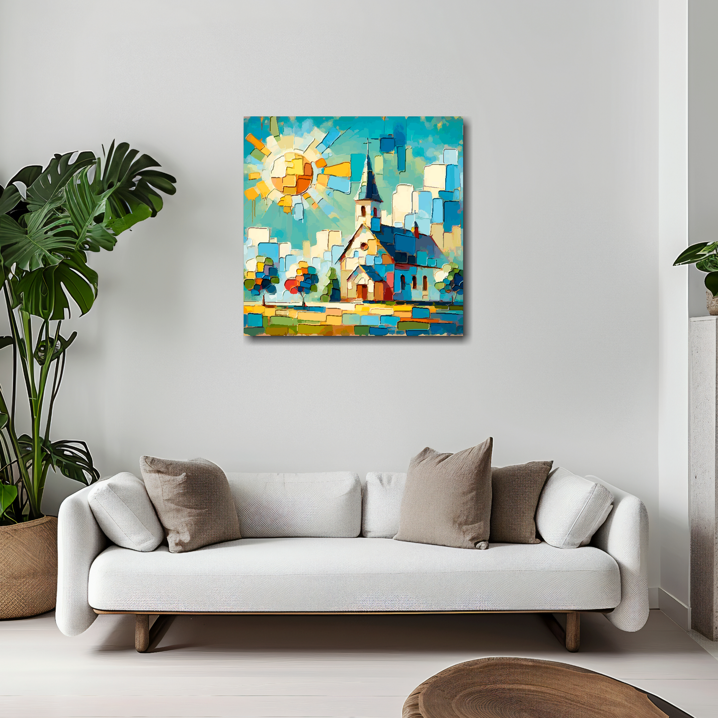 Colourful church canvas 20x20 inches above white sofa - vibrant architectural wall art UK