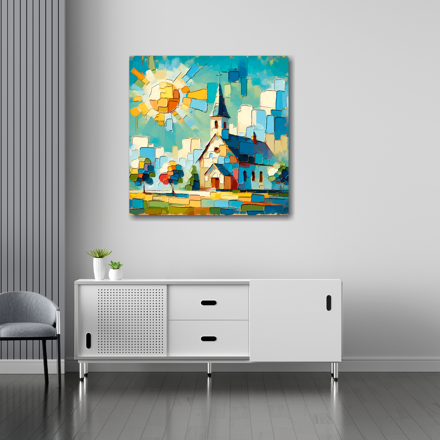 Colourful church canvas 30x30 inches above sideboard - large architectural art UK made