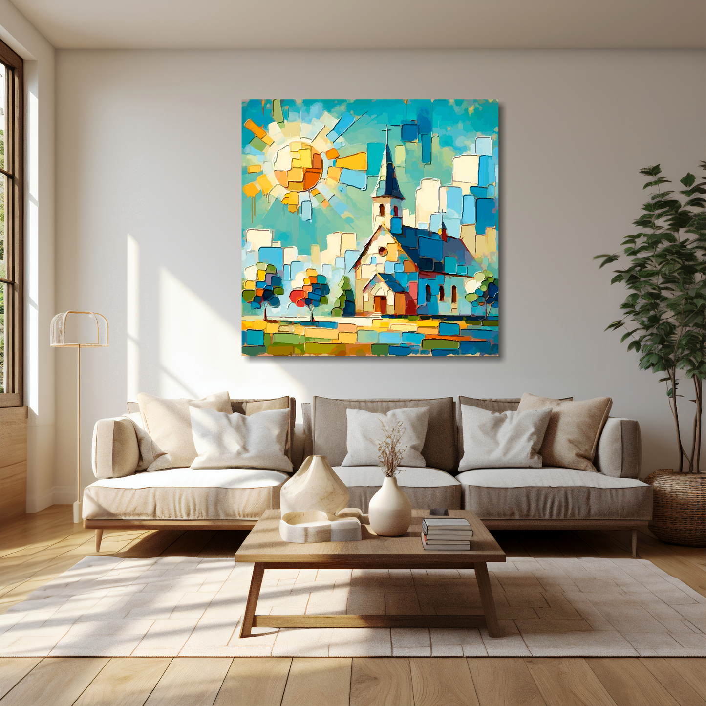 Colourful church canvas 40x40 inches above cream sofa - XL vibrant architectural wall art UK
