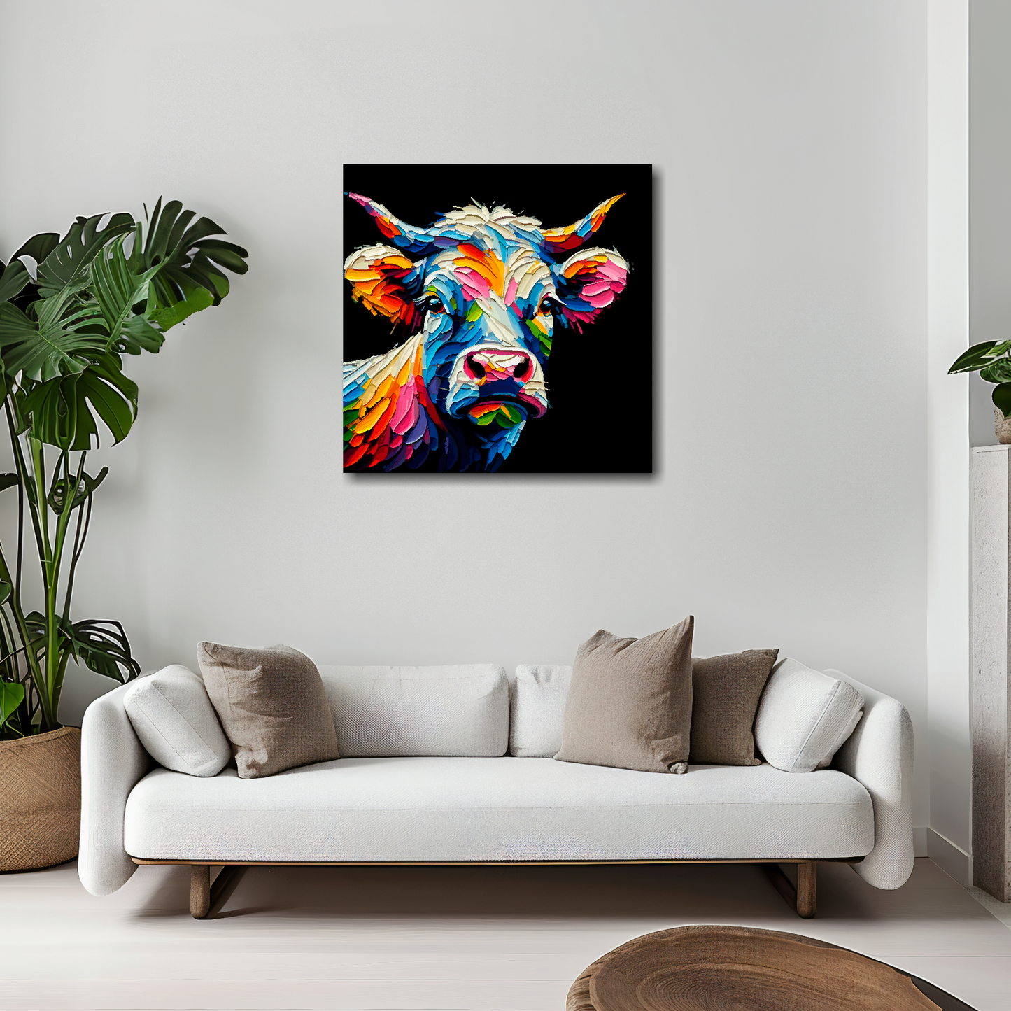Cow canvas 20x20 inches above white sofa - vibrant farm animal portrait wall art UK