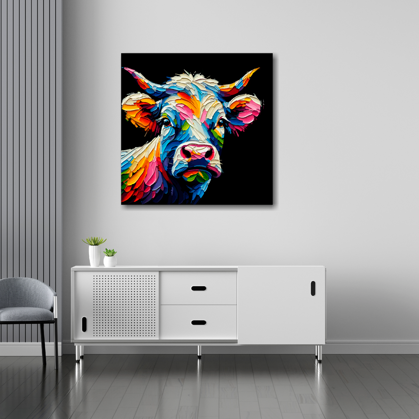 Cow canvas 30x30 inches above sideboard - large colourful farm animal portrait UK made