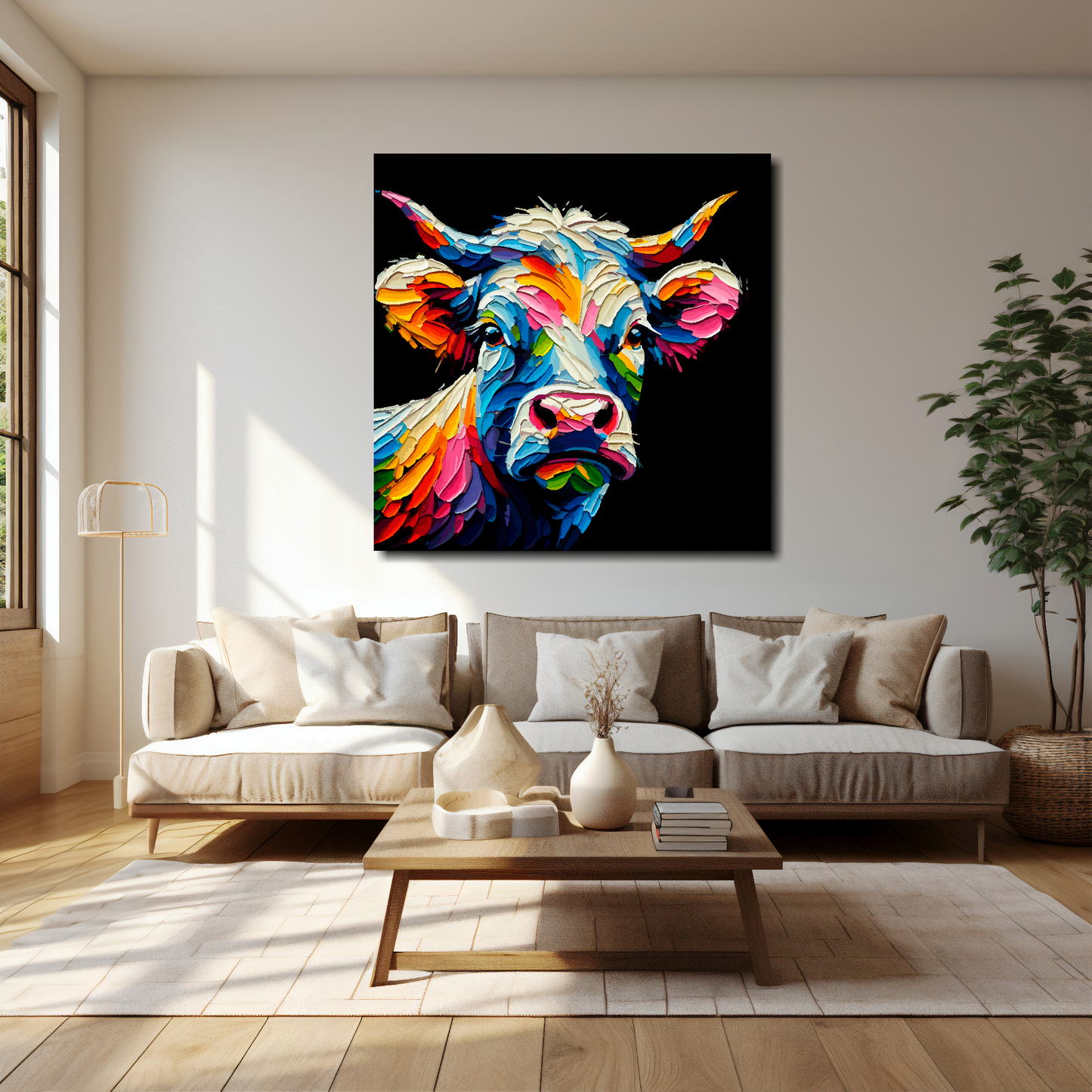 Cow canvas 40x40 inches above cream sofa - XL vibrant farm animal wall art UK