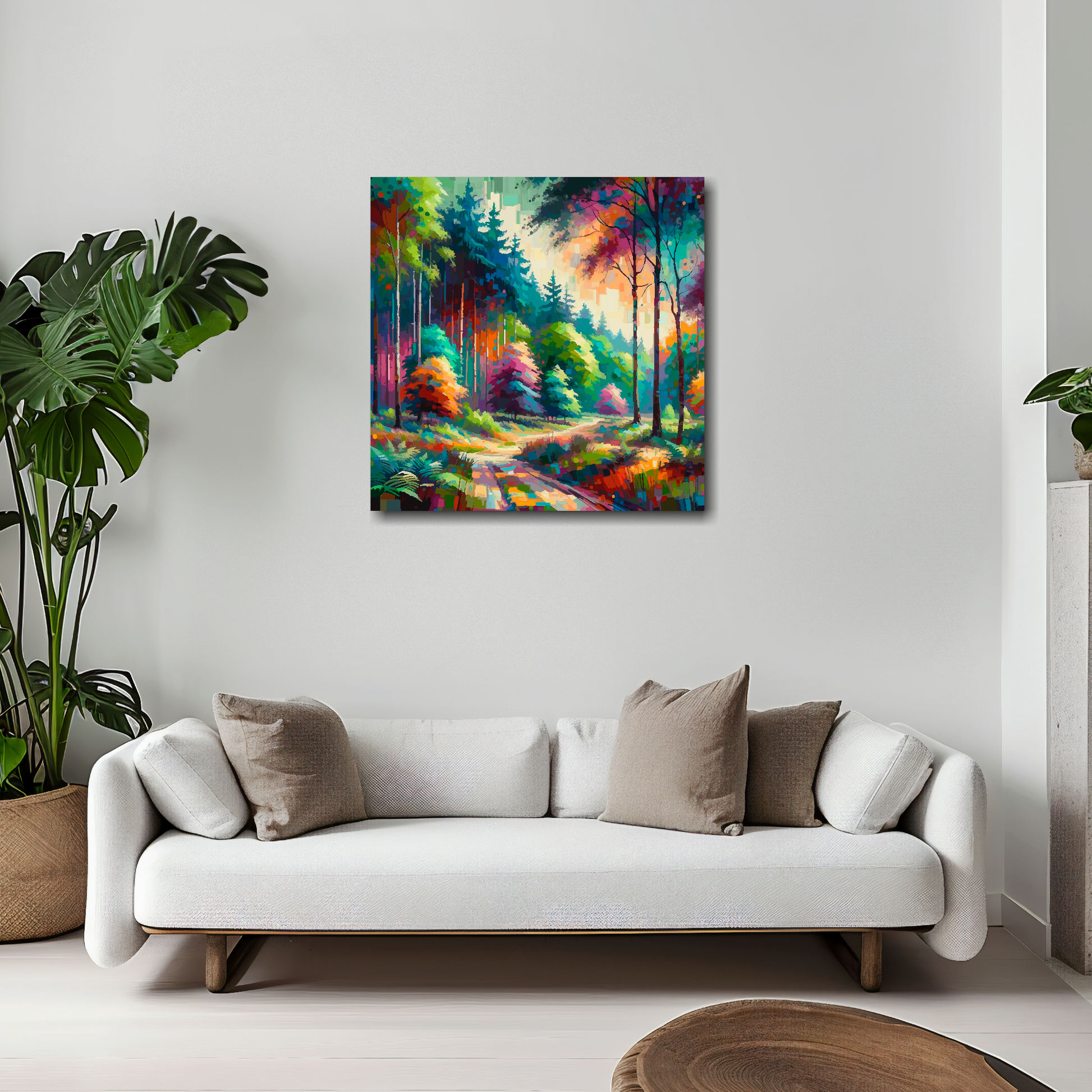 Colourful forest canvas 20x20 inches above white sofa - vibrant landscape wall art UK