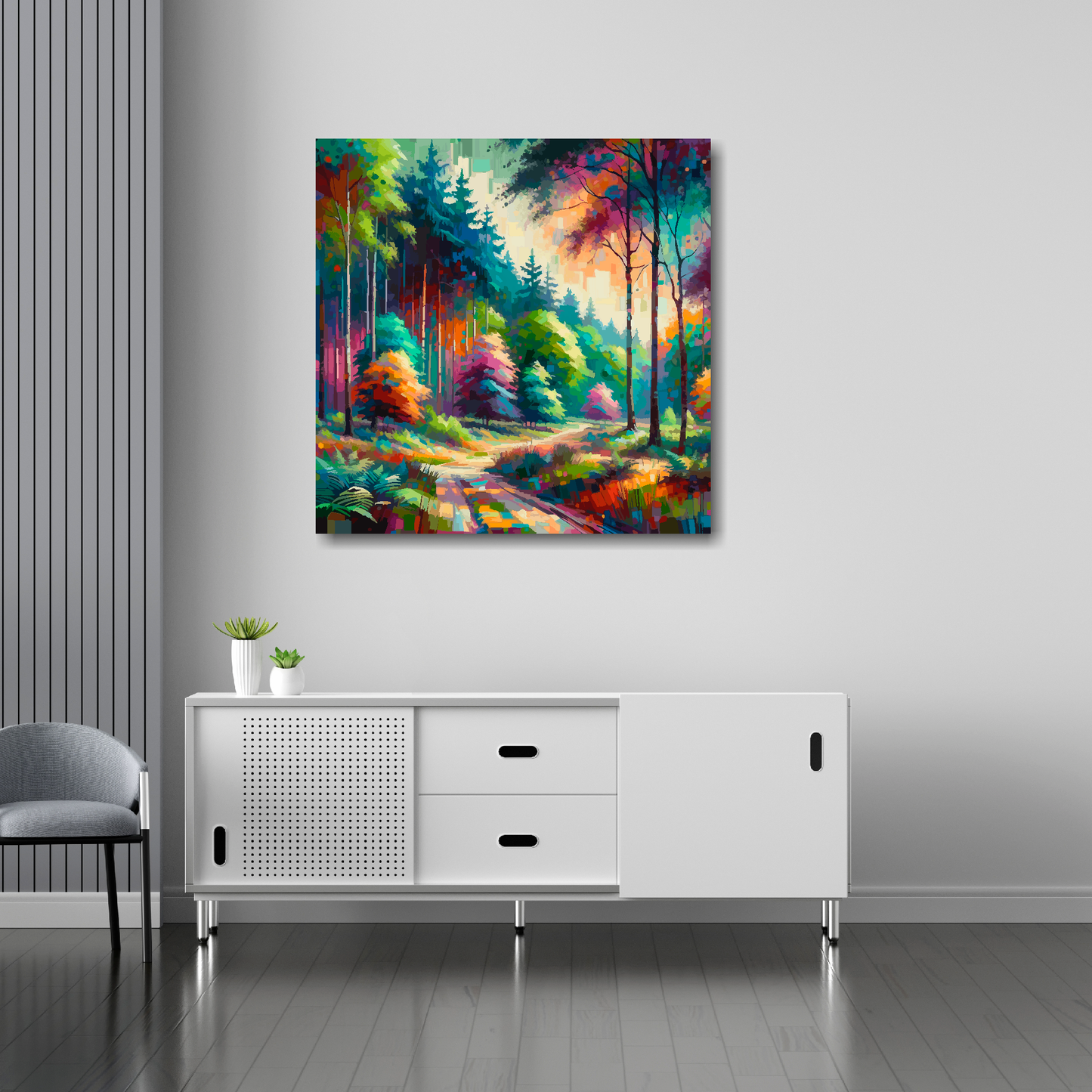 Colourful forest canvas 30x30 inches above sideboard - large landscape art UK made
