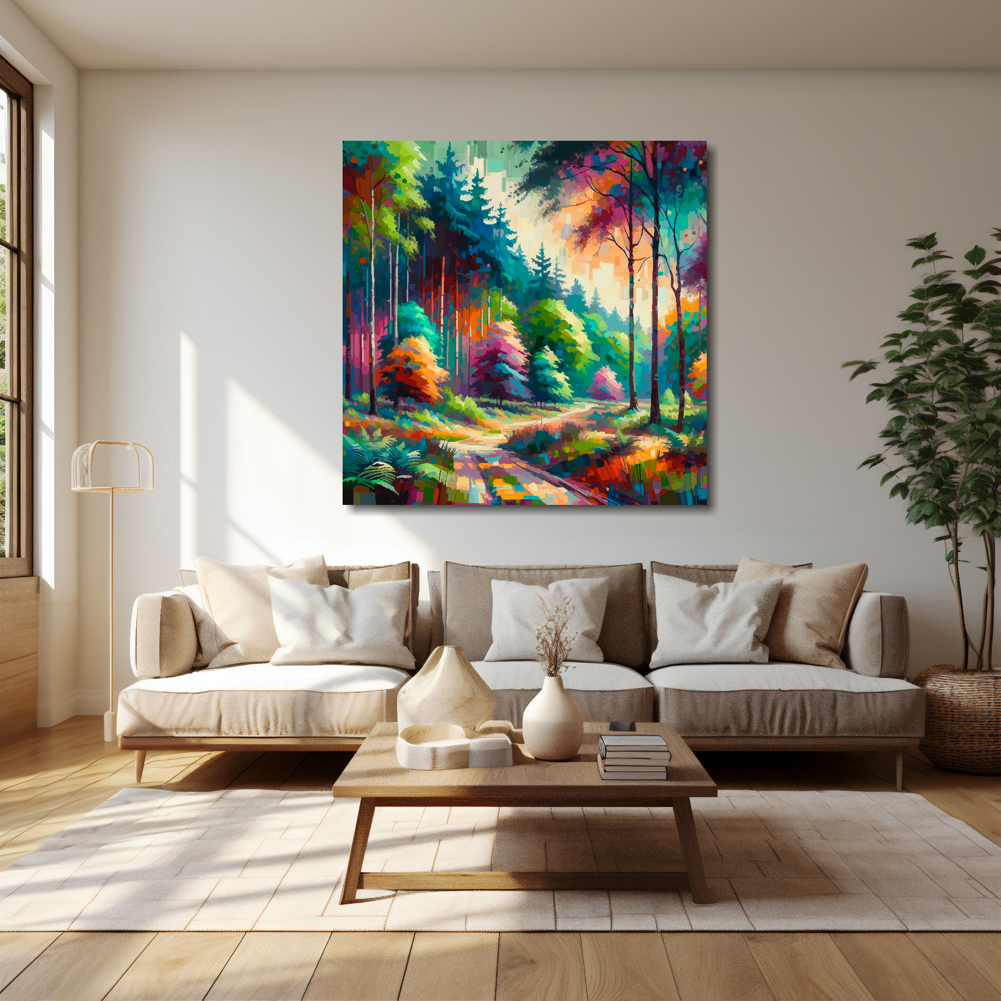 Colourful forest canvas 40x40 inches above cream sofa - XL vibrant landscape wall art UK