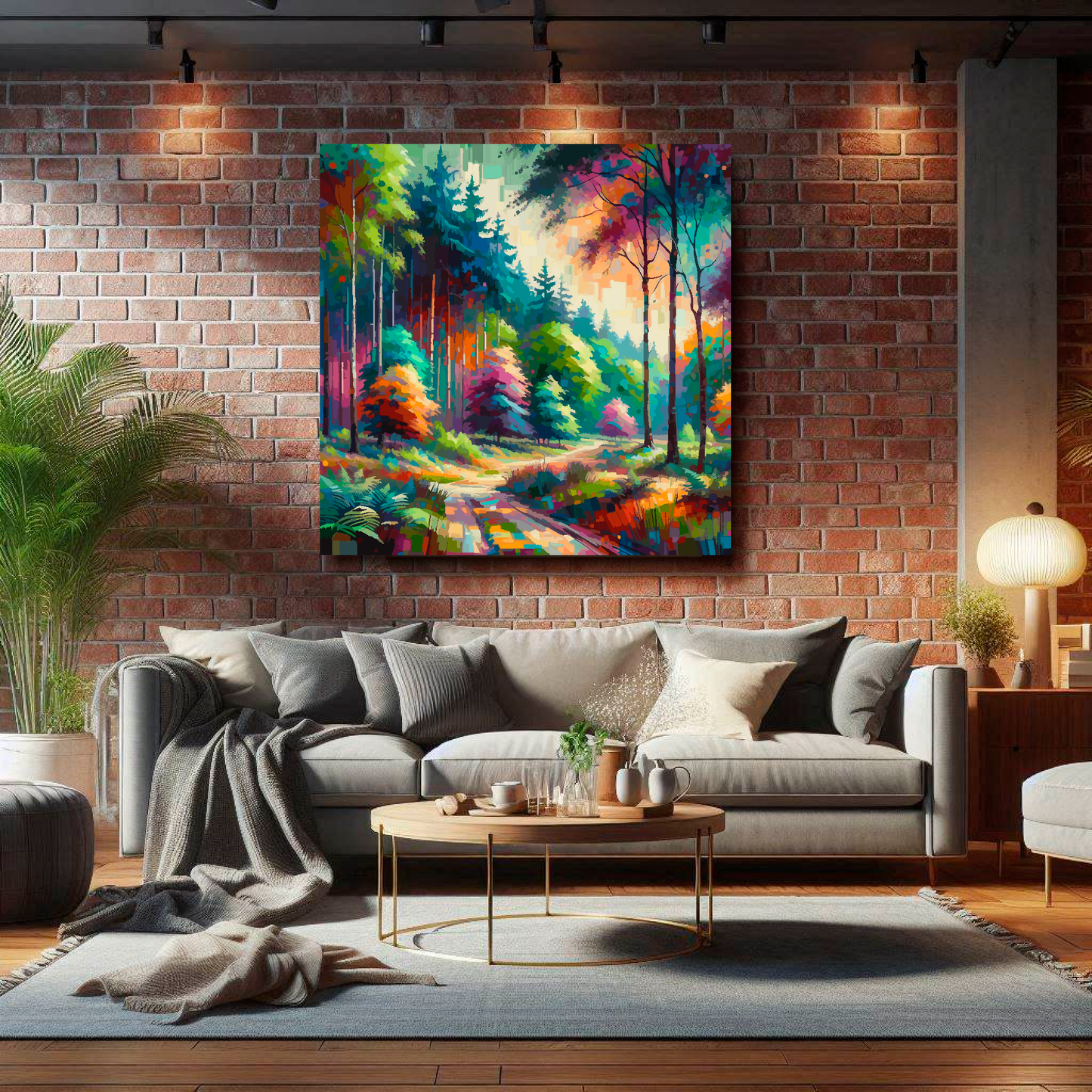 Large colourful forest canvas on brick wall above grey sofa - bold landscape art UK living room