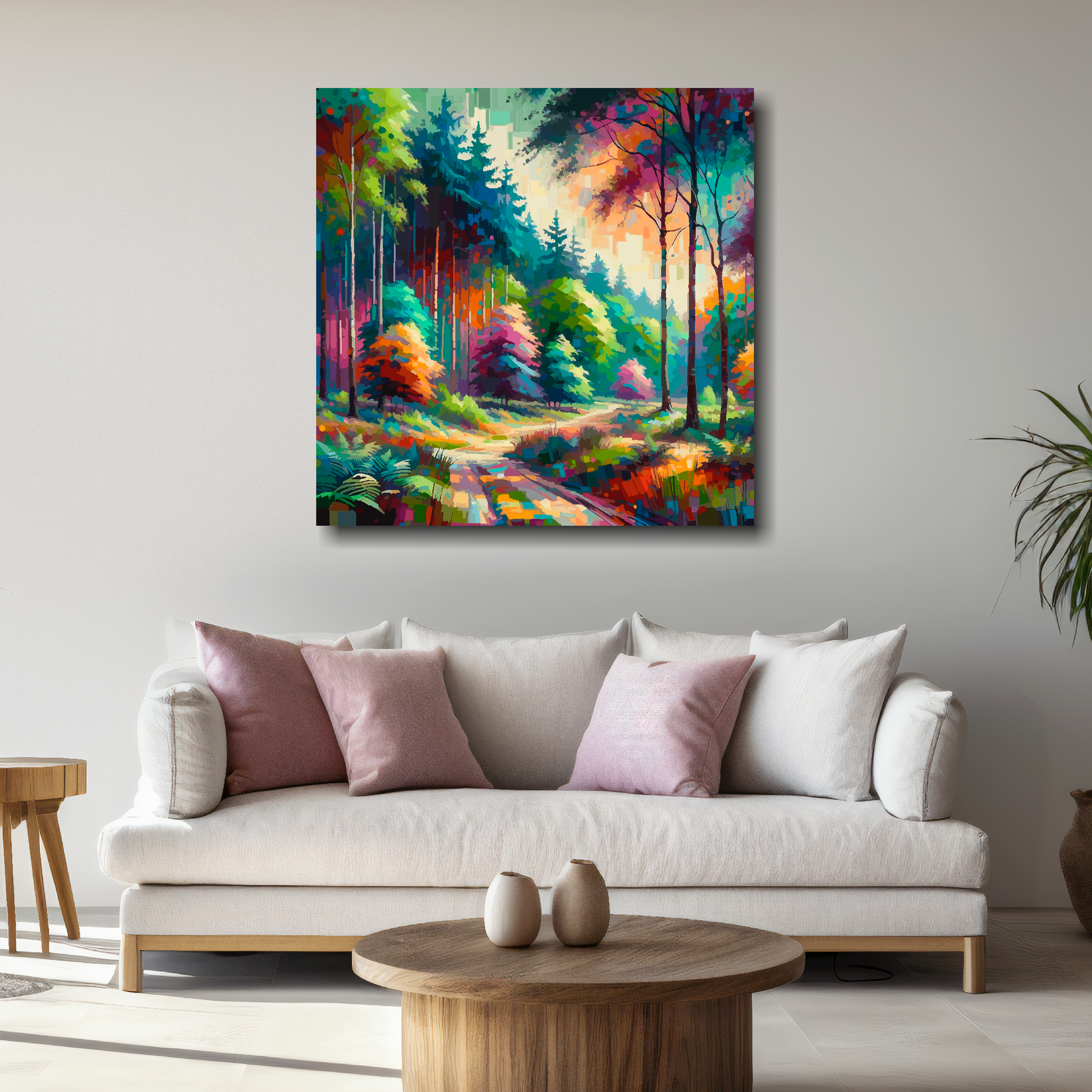 Large colourful forest canvas above white sofa - vibrant abstract landscape wall art UK