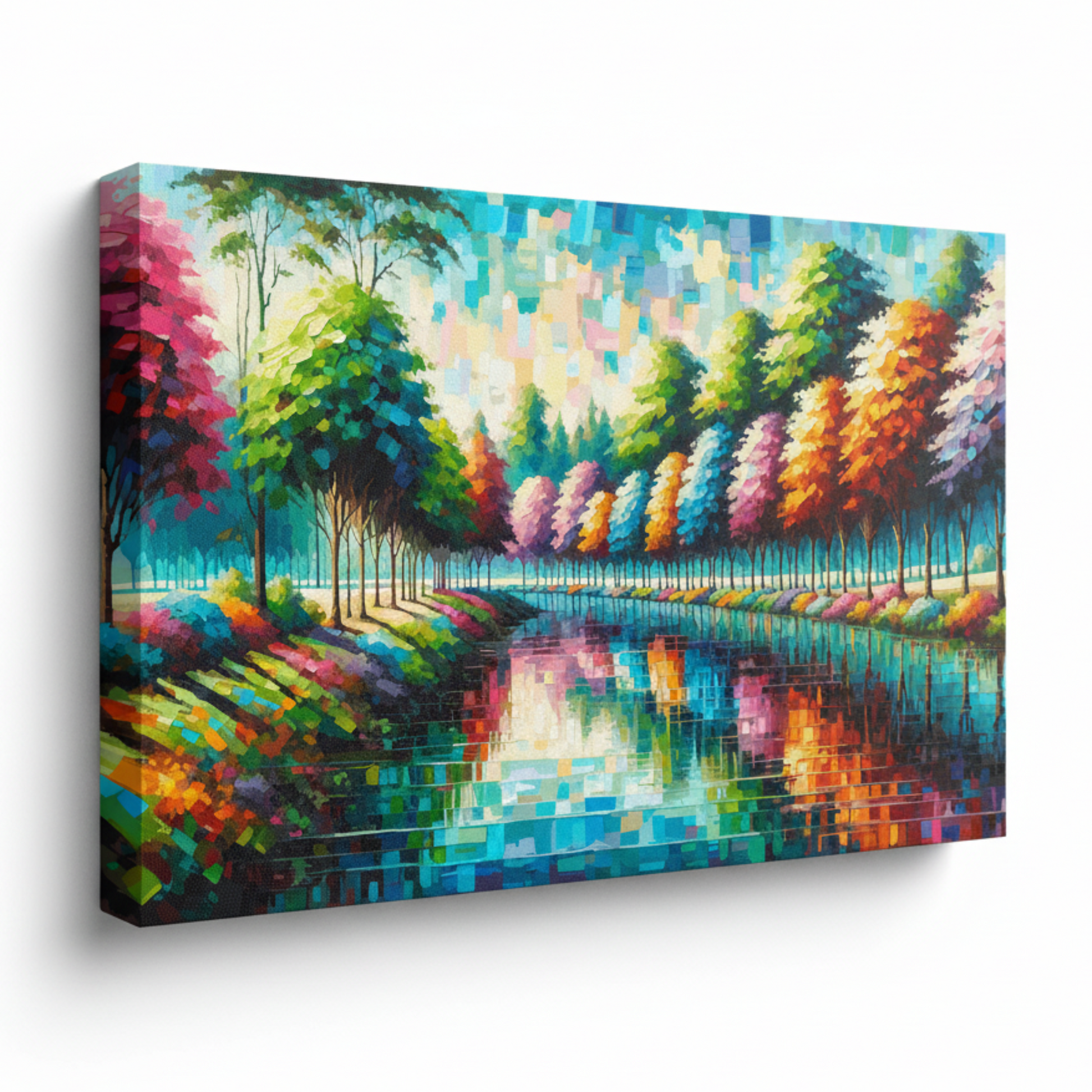Colourful riverbank landscape canvas print - UK made abstract scenic wall art