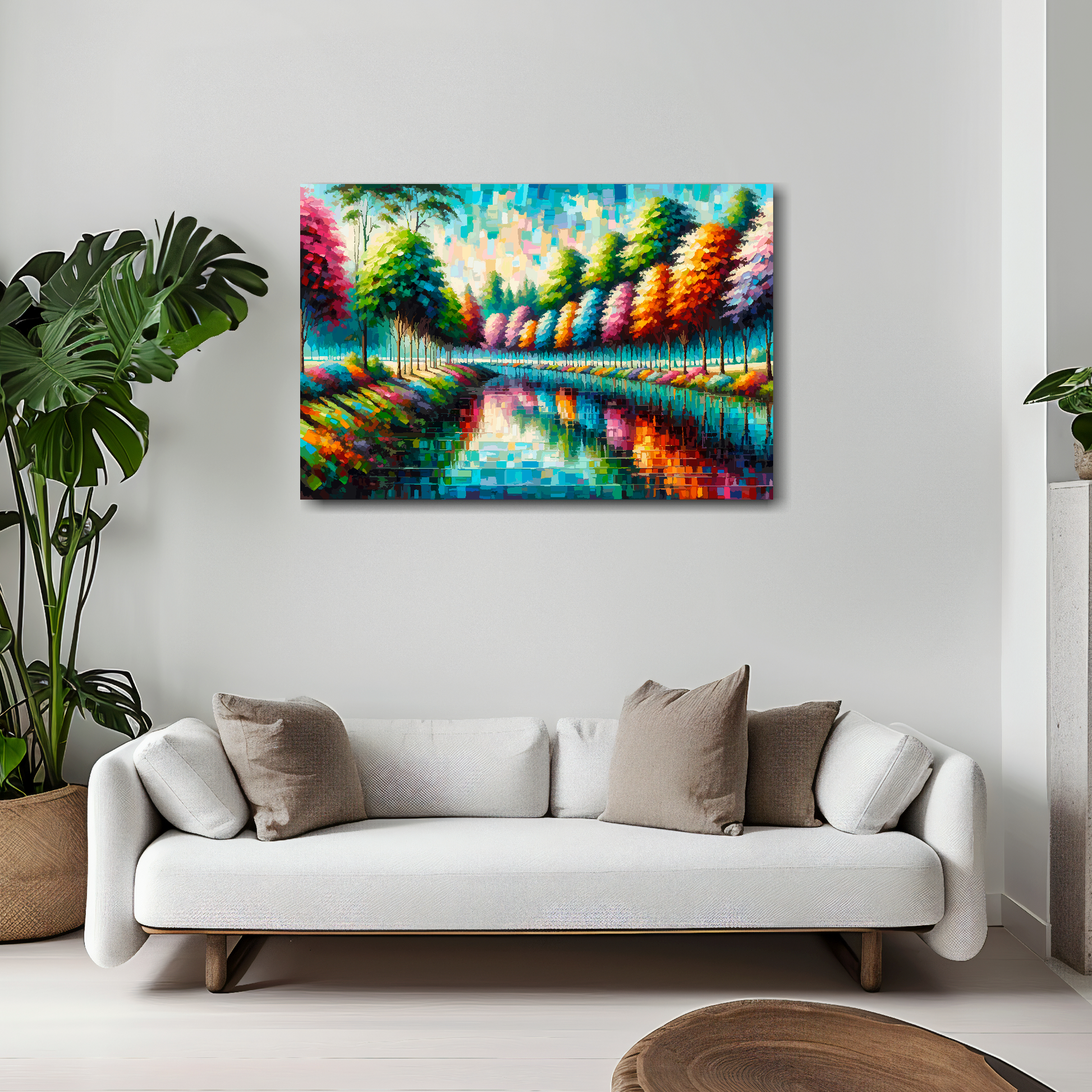 Colourful riverbank canvas 30x20 inches above white sofa - vibrant landscape wall art UK