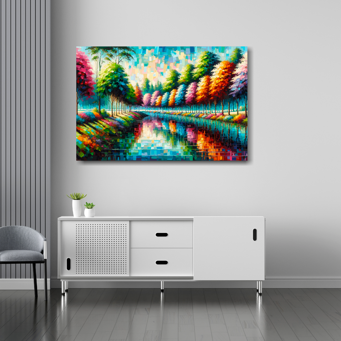 Colourful riverbank canvas 36x24 inches above sideboard - large landscape art UK made