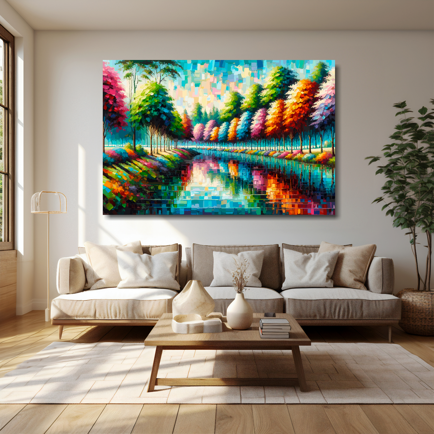 Colourful riverbank canvas 60x40 inches above cream sofa - XL vibrant landscape wall art UK