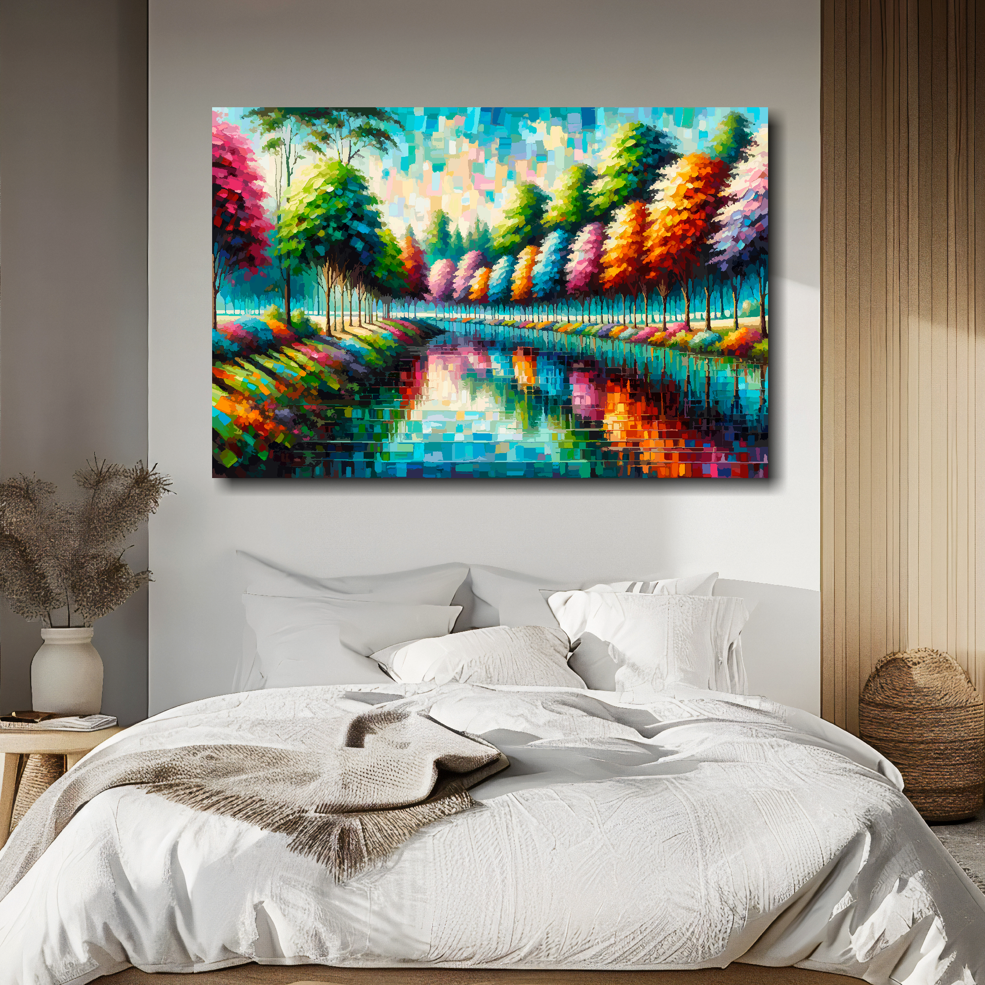 Colourful riverbank canvas above bed - landscape wall decor for UK bedrooms