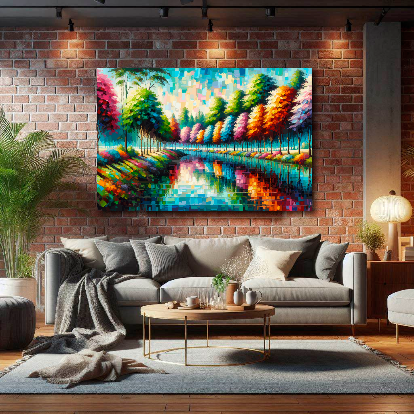 Large colourful riverbank canvas on brick wall above grey sofa - bold landscape art UK living room