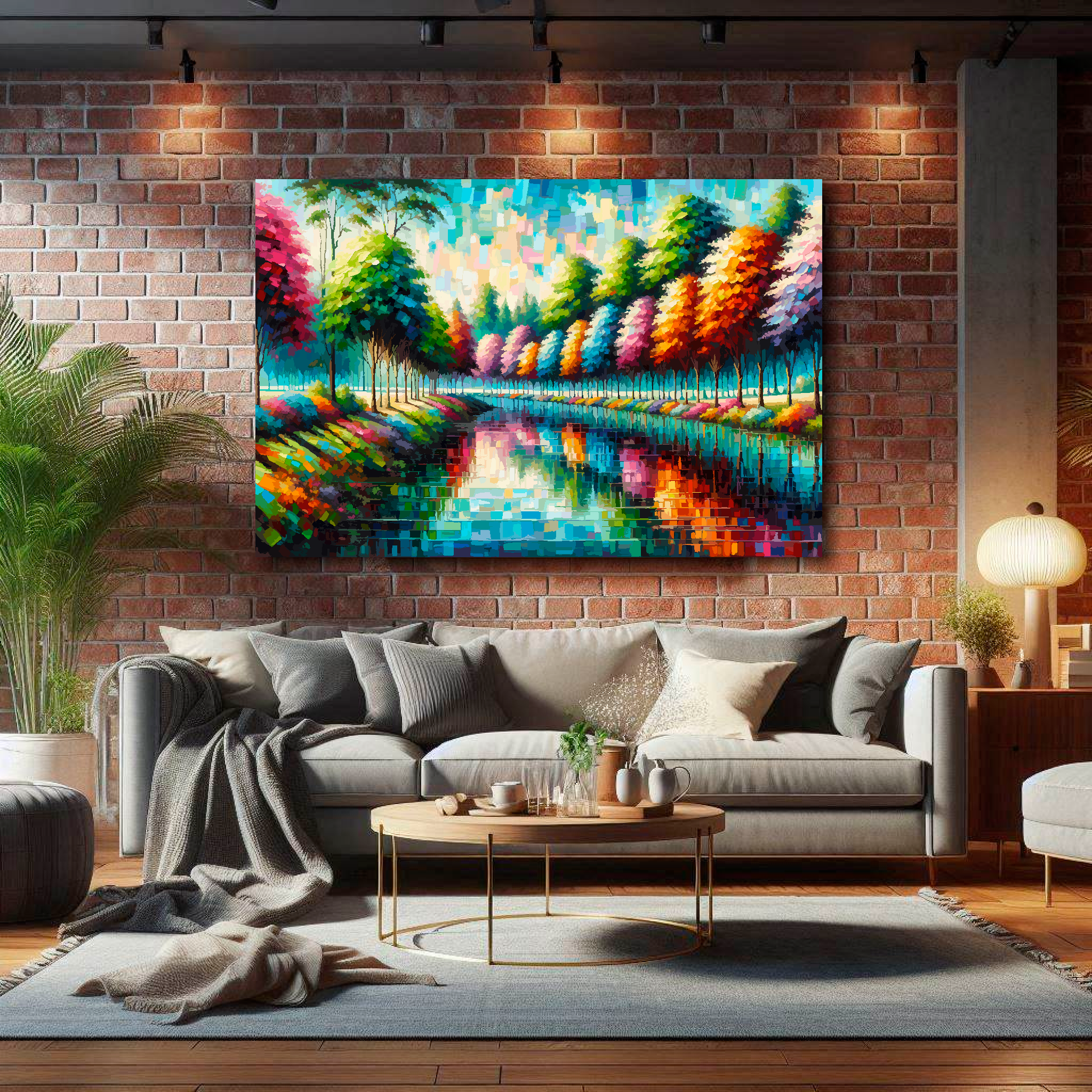Large colourful riverbank canvas on brick wall above grey sofa - bold landscape art UK living room