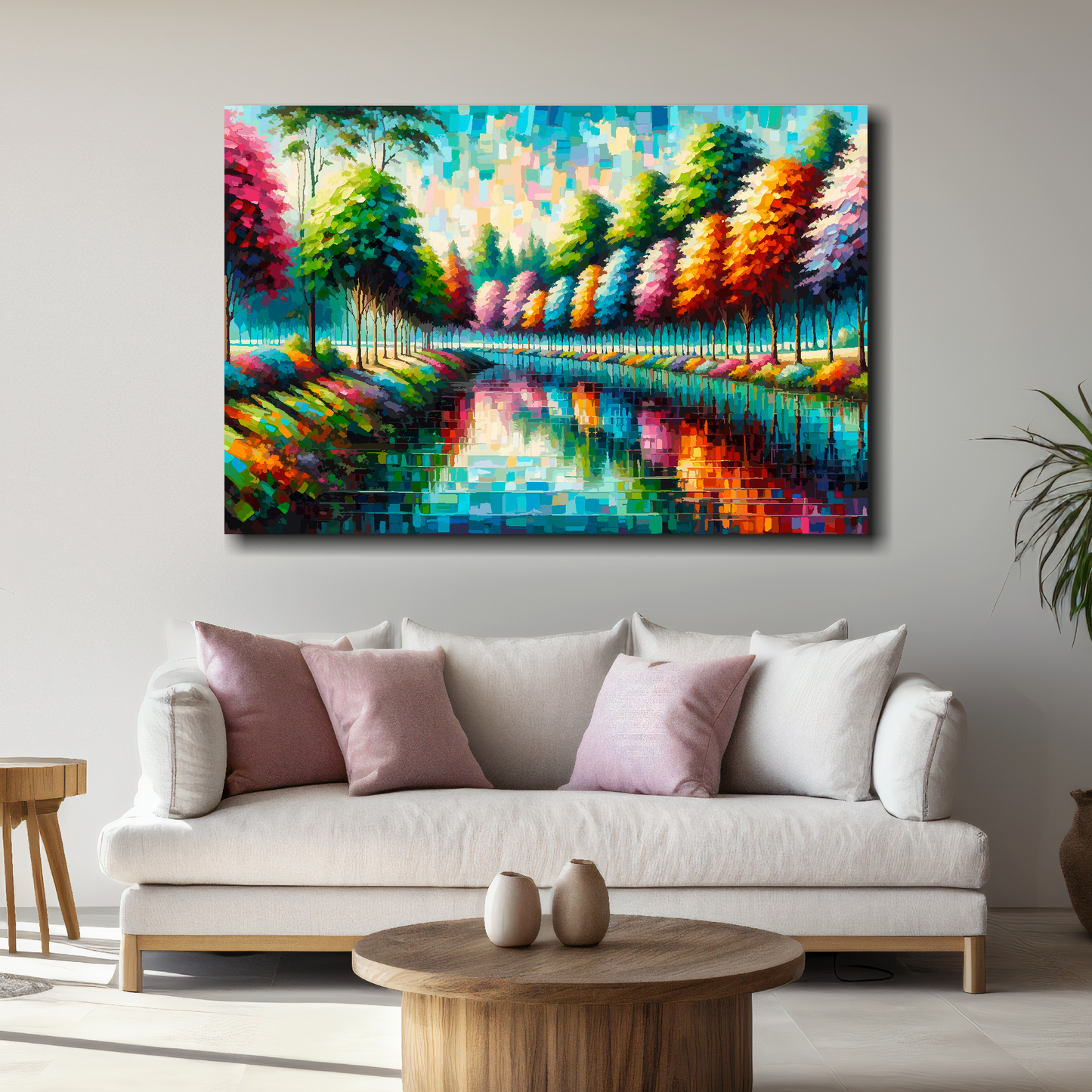 Large colourful riverbank canvas above white sofa - vibrant abstract landscape wall art UK