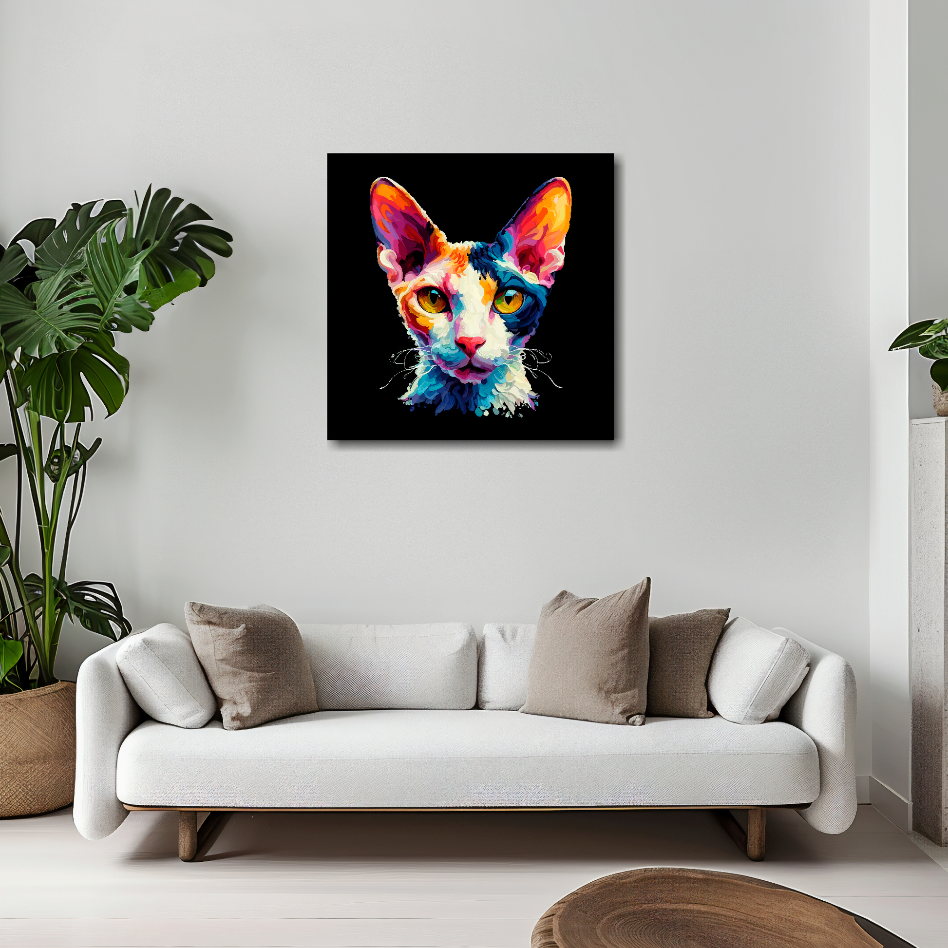 Cornish Rex cat canvas 20x20 inches above white sofa - vibrant cat portrait wall art UK