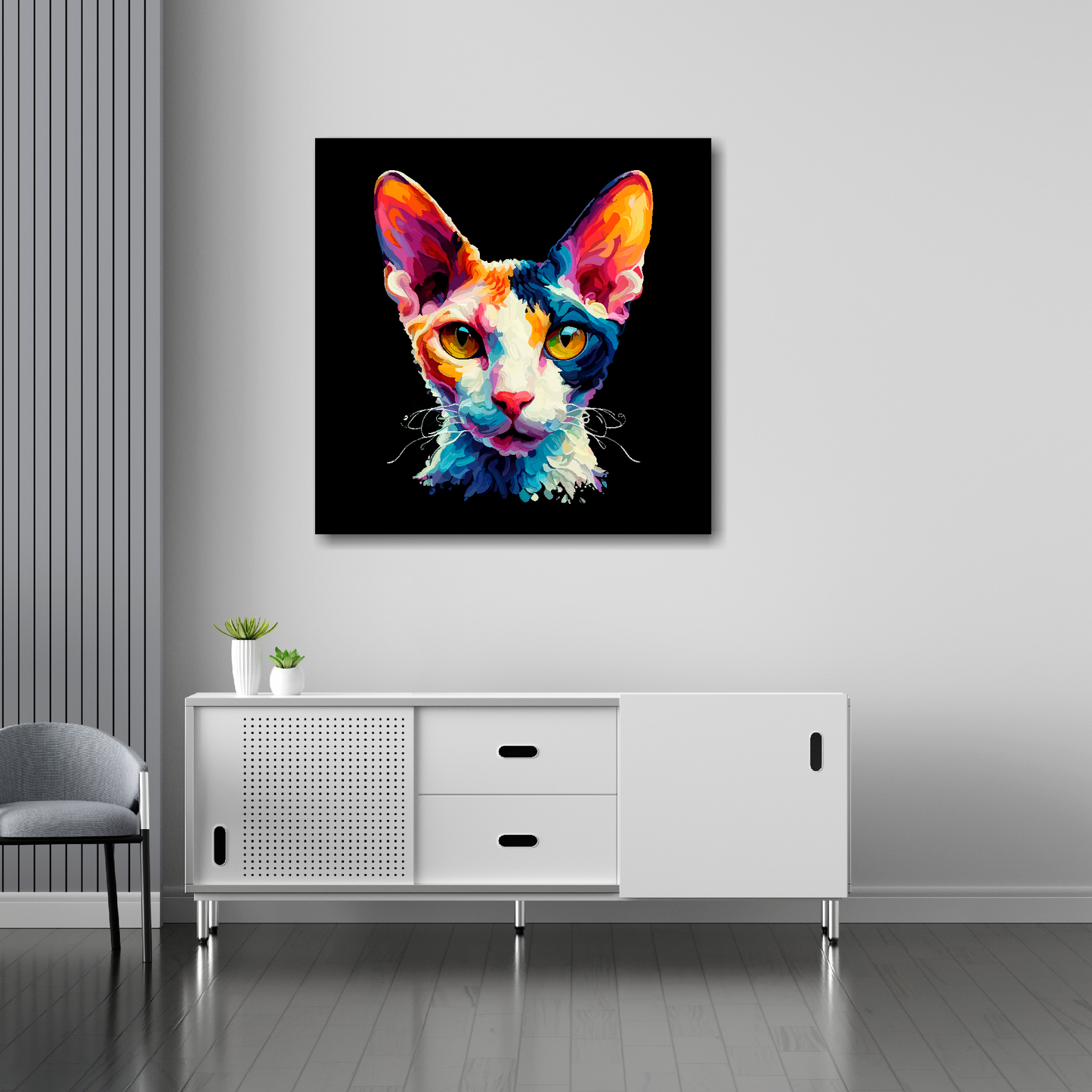 Cornish Rex cat canvas 30x30 inches above sideboard - large colourful cat portrait UK made