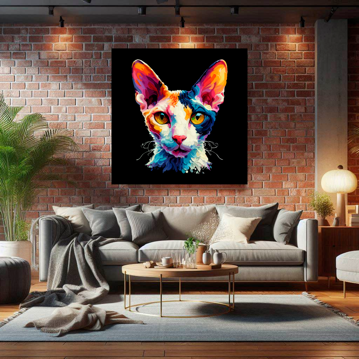 Large Cornish Rex cat canvas on brick wall above grey sofa - bold cat portrait UK living room