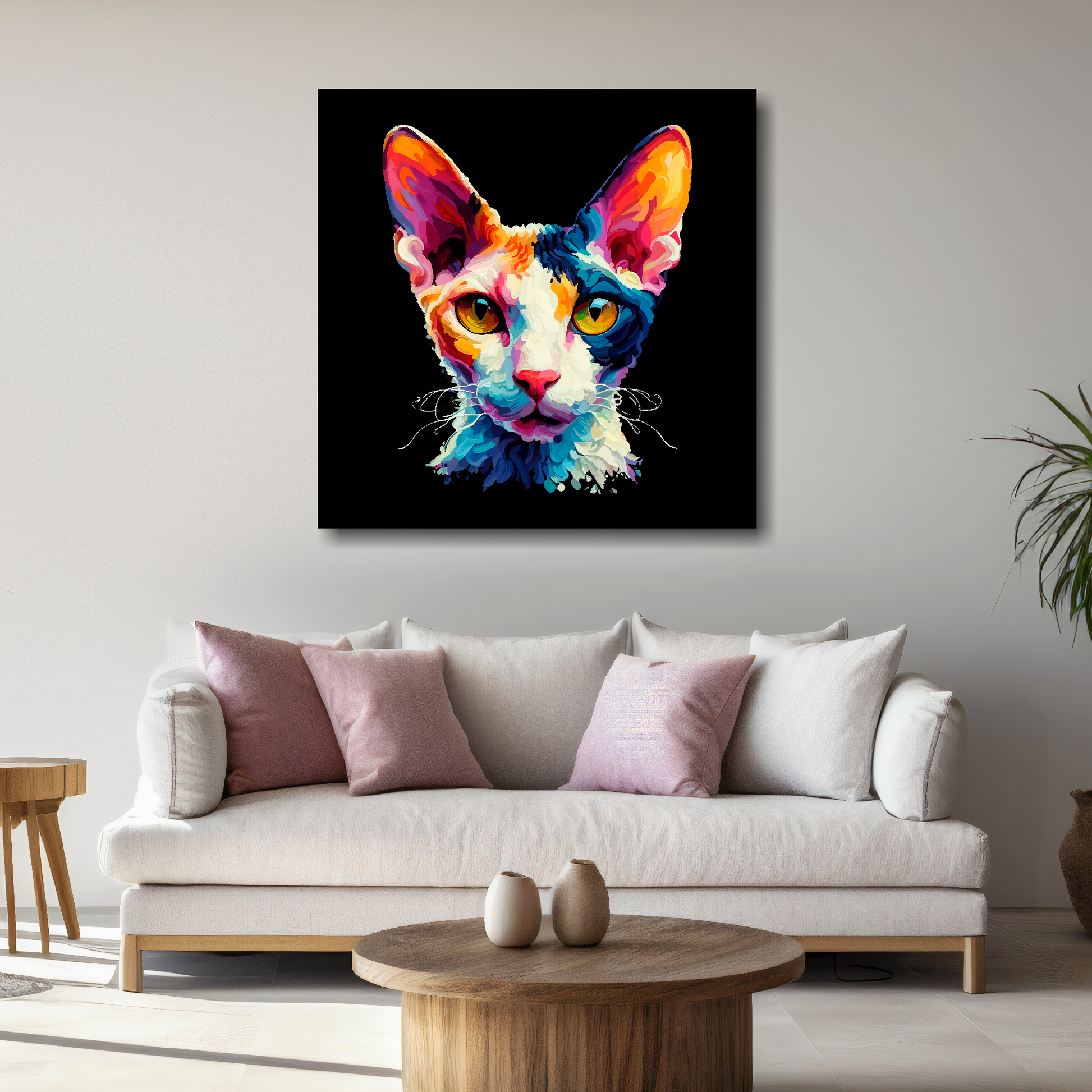 Large Cornish Rex cat canvas above white sofa - vibrant abstract cat portrait wall art UK