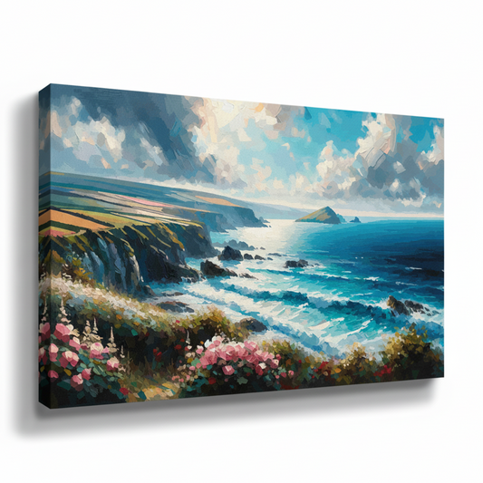 Colourful Cornwall coast landscape canvas print - UK made abstract coastal wall art