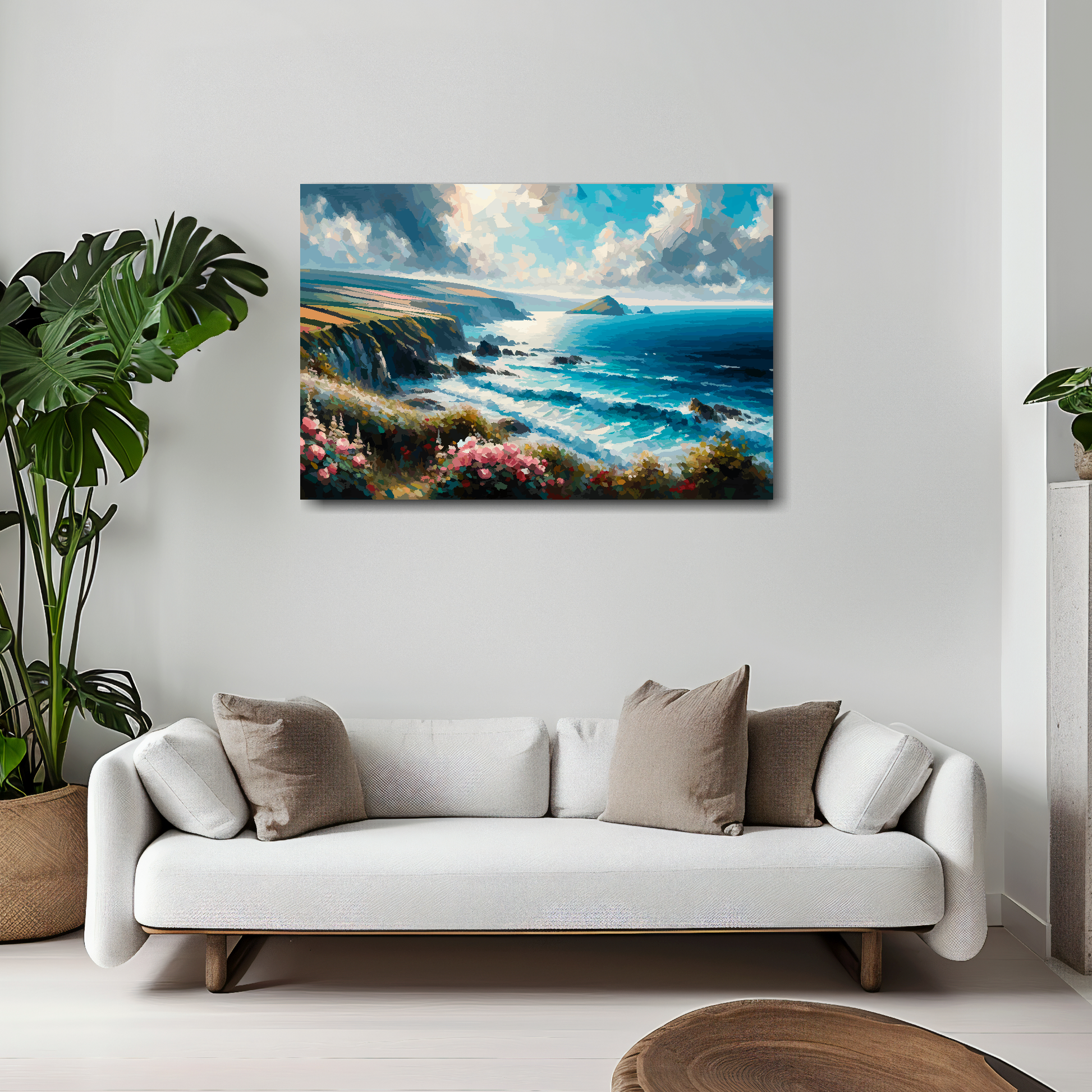 Cornwall coast canvas 30x20 inches above white sofa - vibrant UK coastal wall art