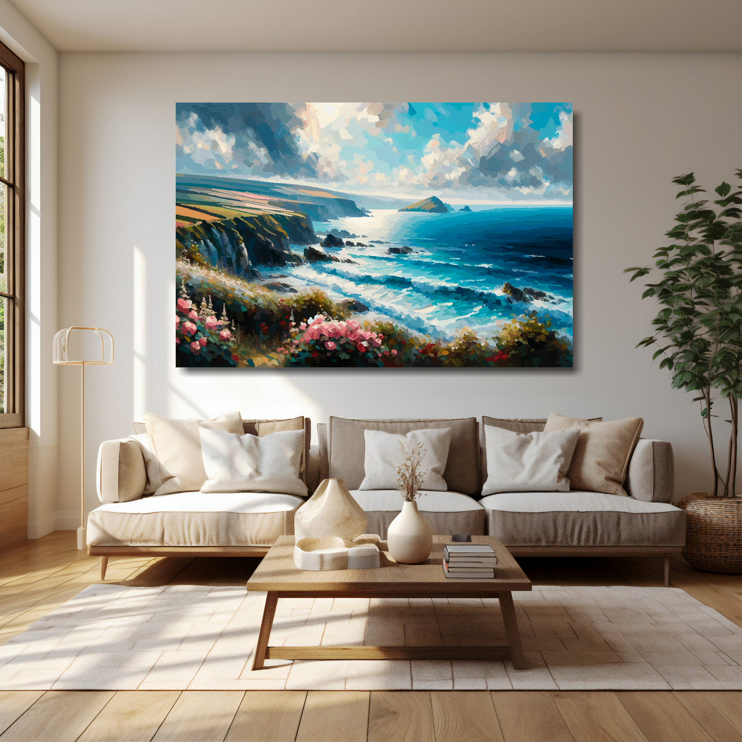 Cornwall coast canvas 60x40 inches above cream sofa - XL vibrant UK coastal wall art
