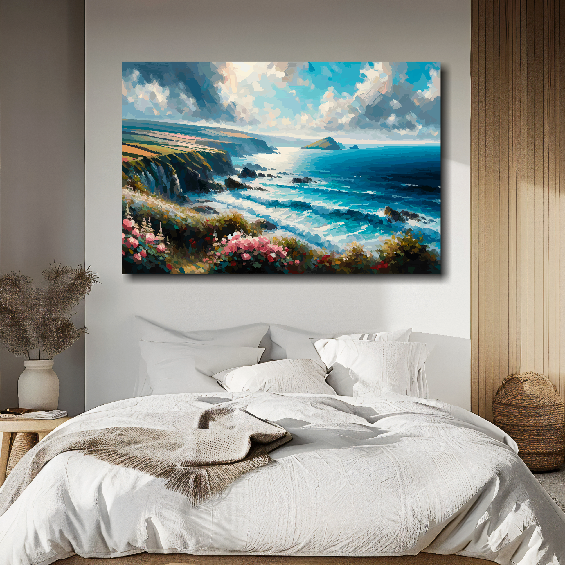 Cornwall coast canvas above bed - colourful UK coastal wall decor for bedrooms
