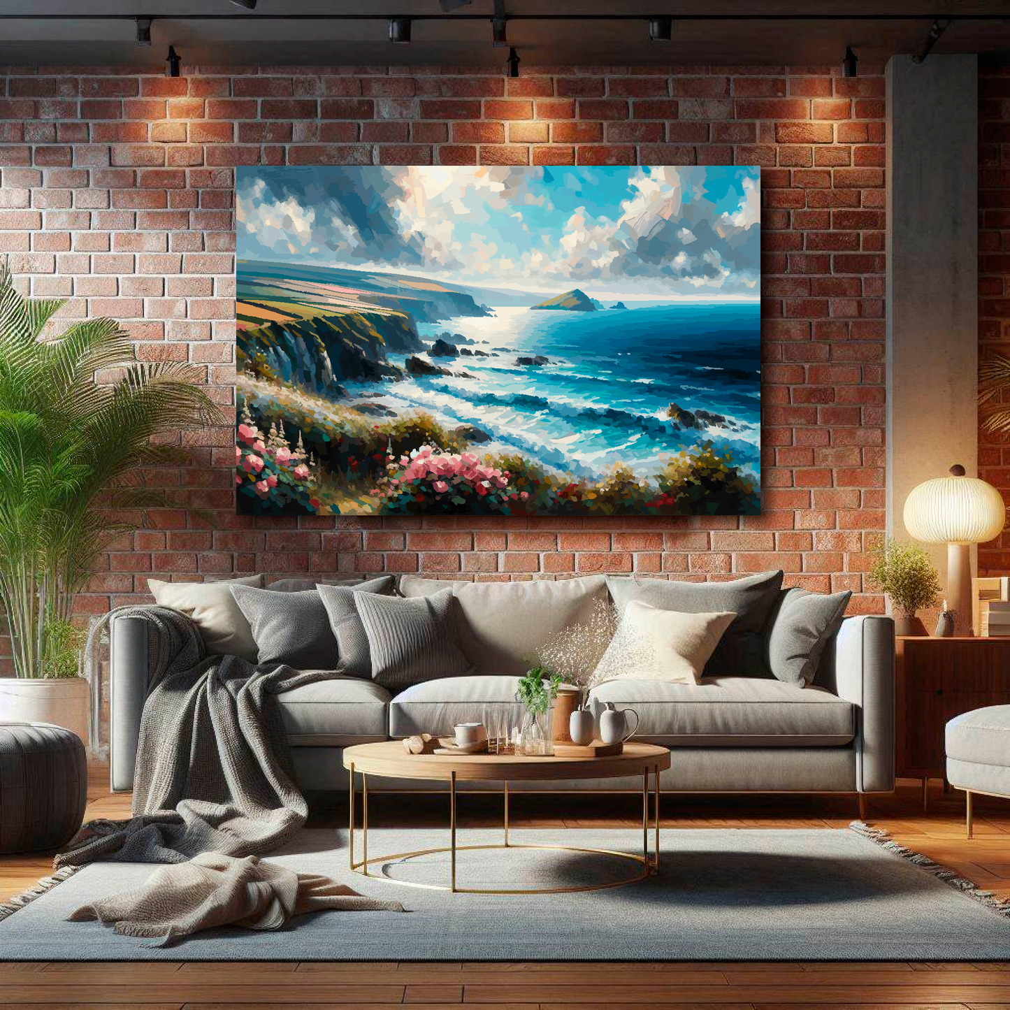 Large Cornwall coast canvas on brick wall above grey sofa - bold UK coastal art living room