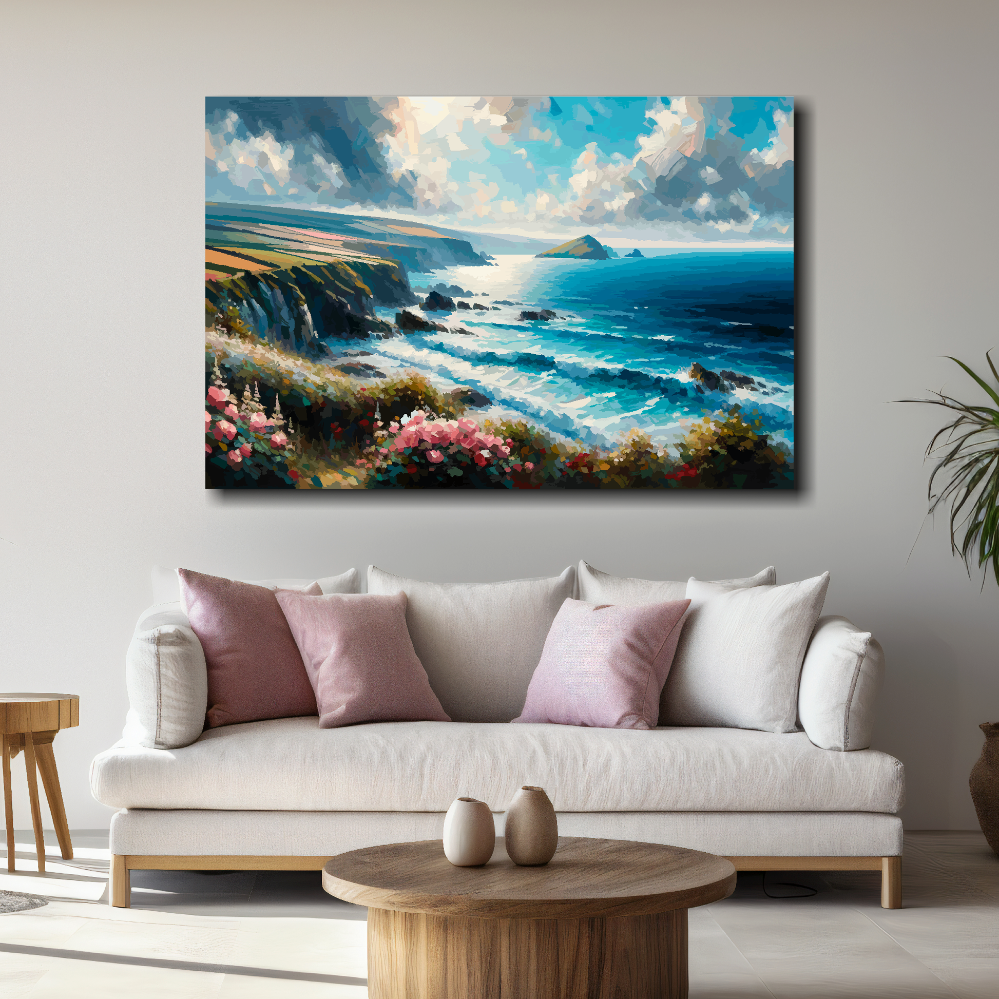 Large Cornwall coast canvas above white sofa - vibrant abstract UK coastal wall art