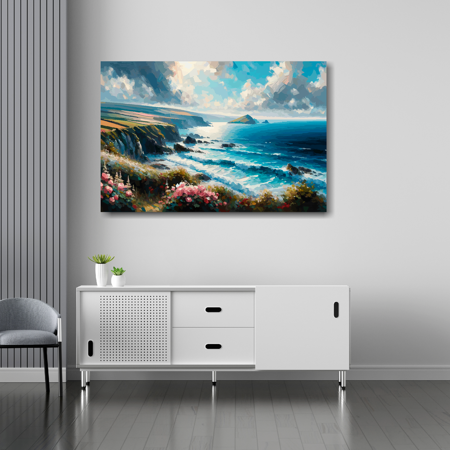 Cornwall coast canvas 36x24 inches above sideboard - large colourful UK coastal art made in Britain