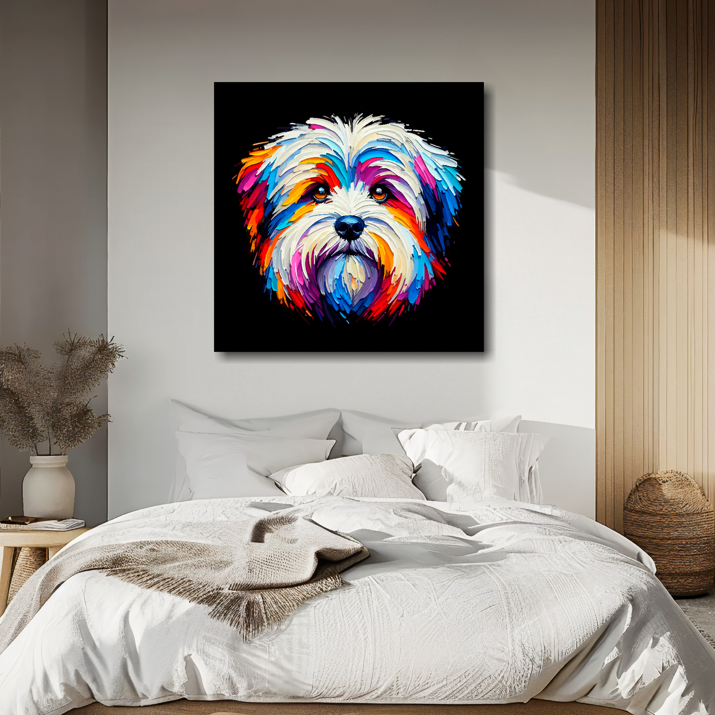 Coton De Tulear portrait canvas above bed - colourful dog wall decor for UK bedrooms