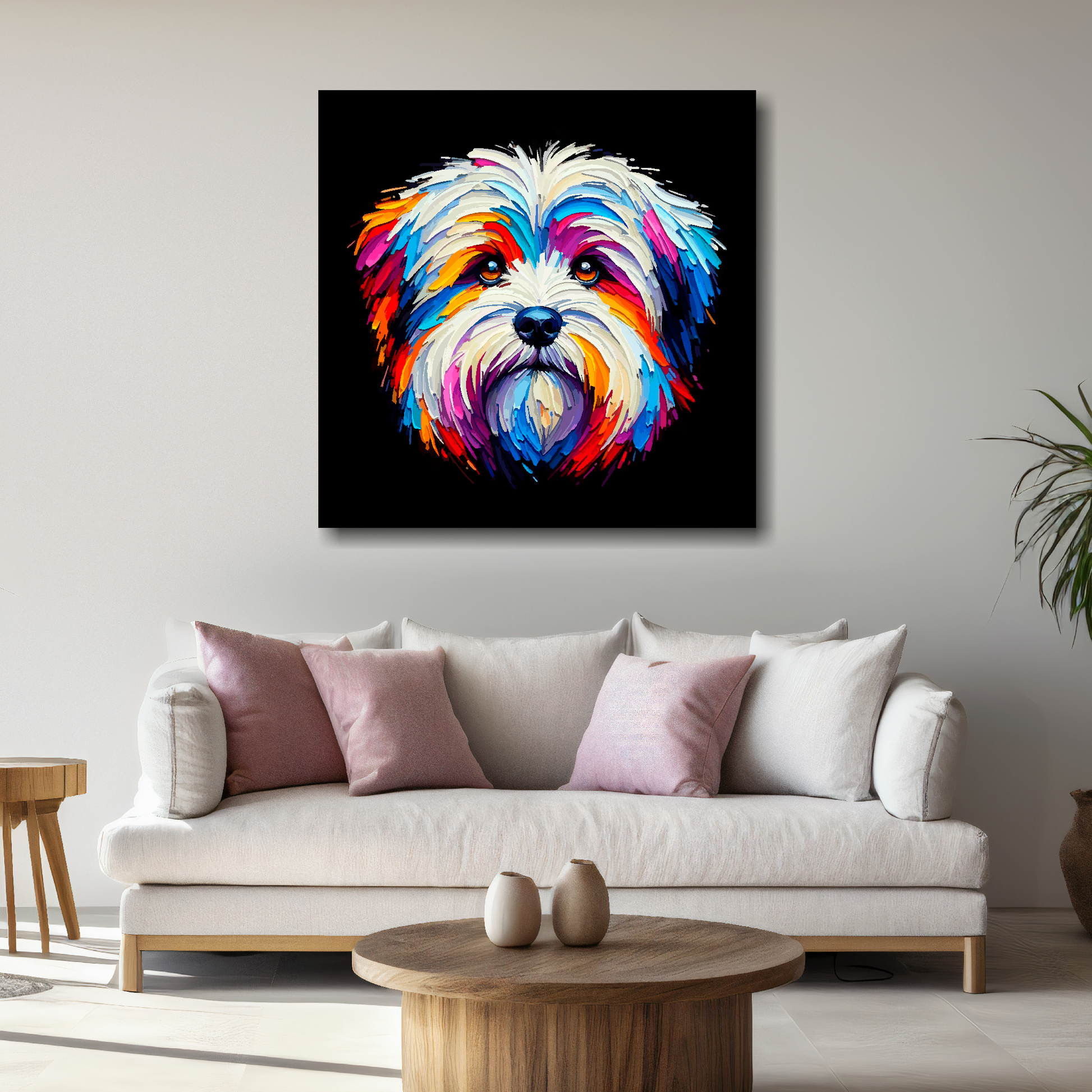 Large Coton De Tulear canvas above white sofa - vibrant abstract dog portrait wall art UK